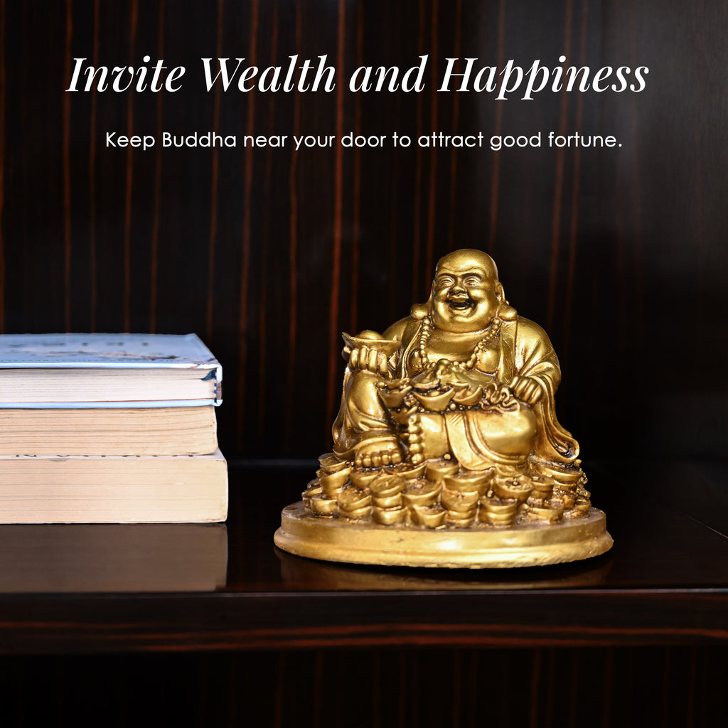 HindCraft Golden Laughing Buddha Idol with Wealth Pot for Home, Office & Table Décor