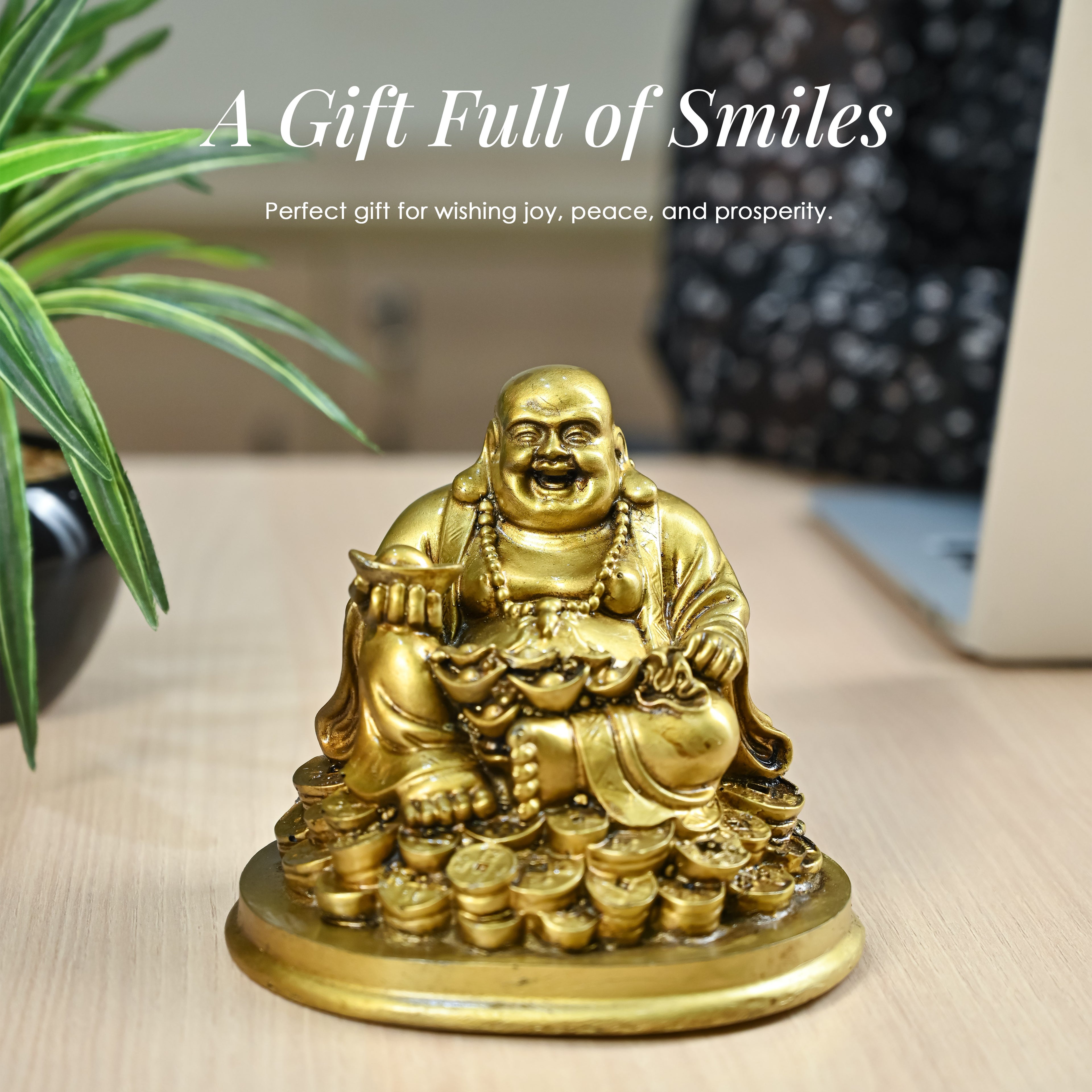 HindCraft Golden Laughing Buddha Idol with Wealth Pot for Home, Office & Table Décor