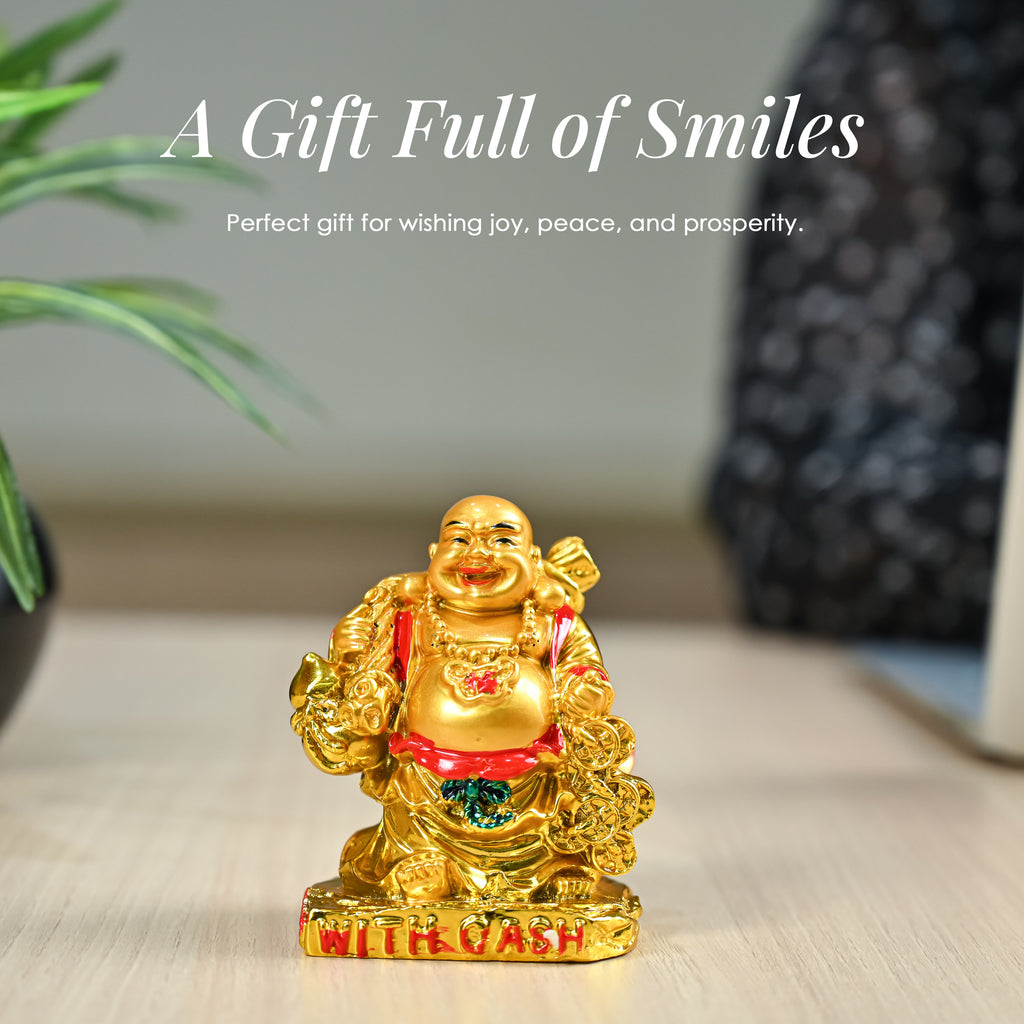 HindCraft Golden Laughing Buddha with Cash & Coins Showpiece for Home and Office Décor