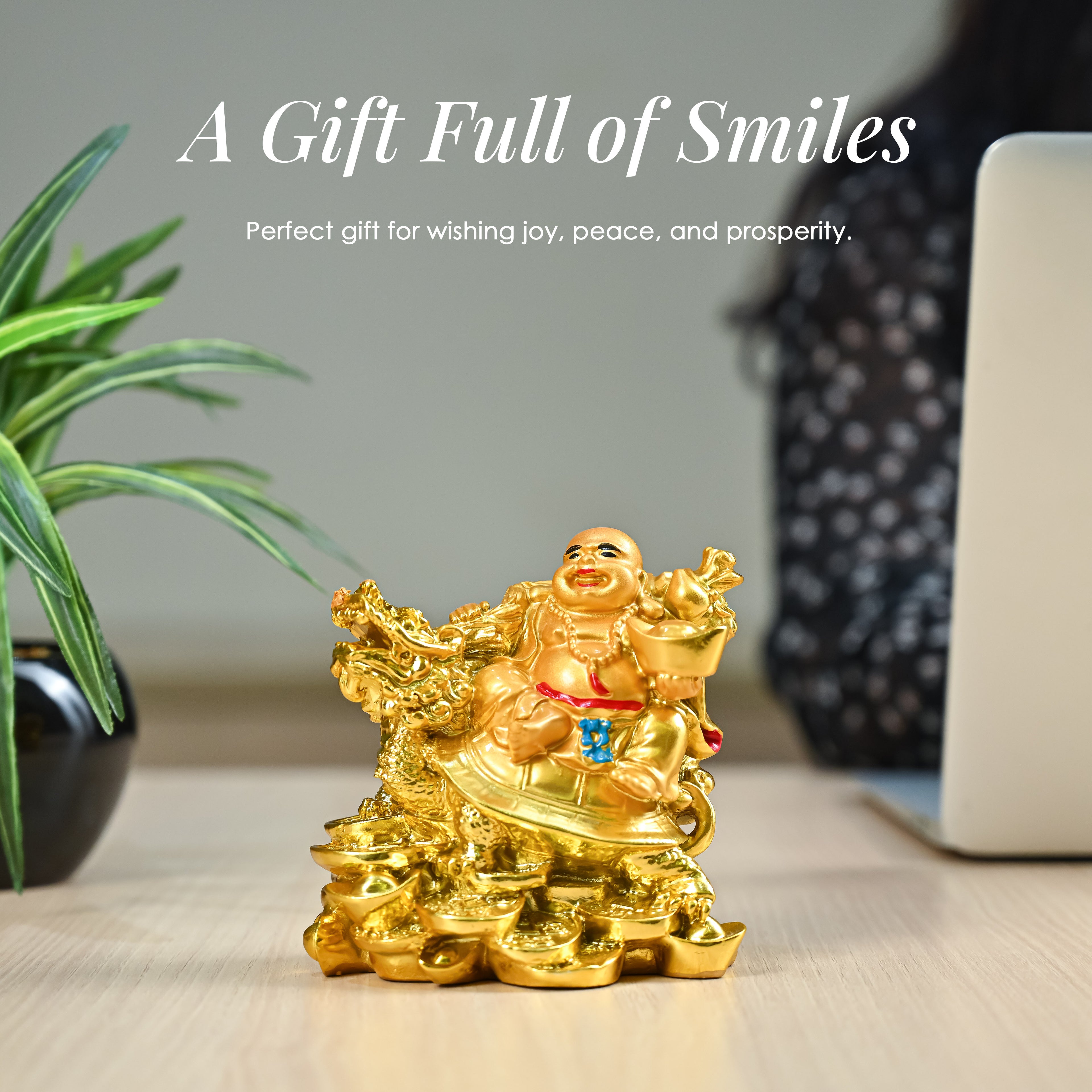 HindCraft Golden Laughing Buddha on Dragon Turtle Showpiece for Home, Office & Wealth Décor