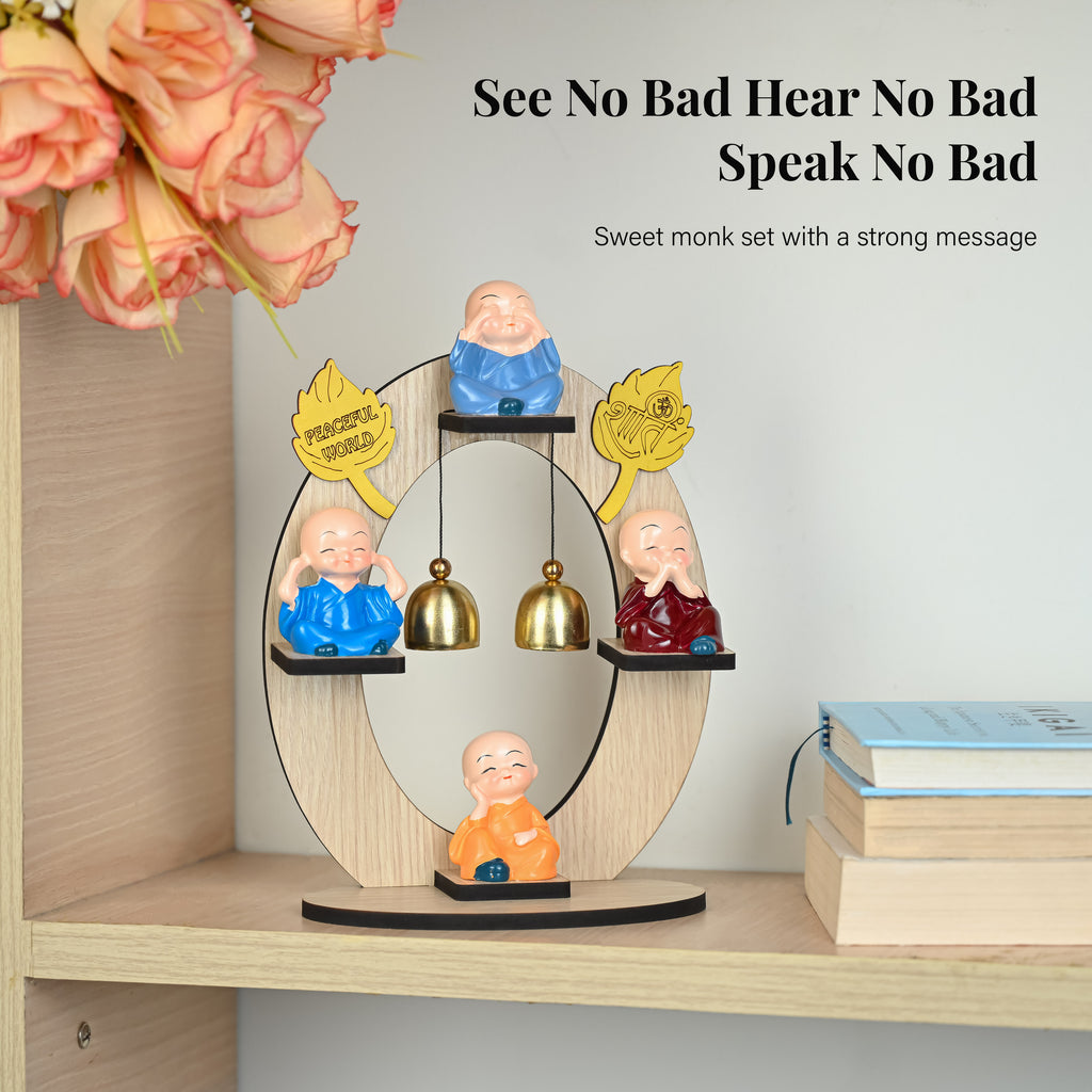 HindCraft 4 Monk Bell Tabletop Showpiece with Wooden Stand, Twin Hanging Bells for Home, Office & Spiritual Décor