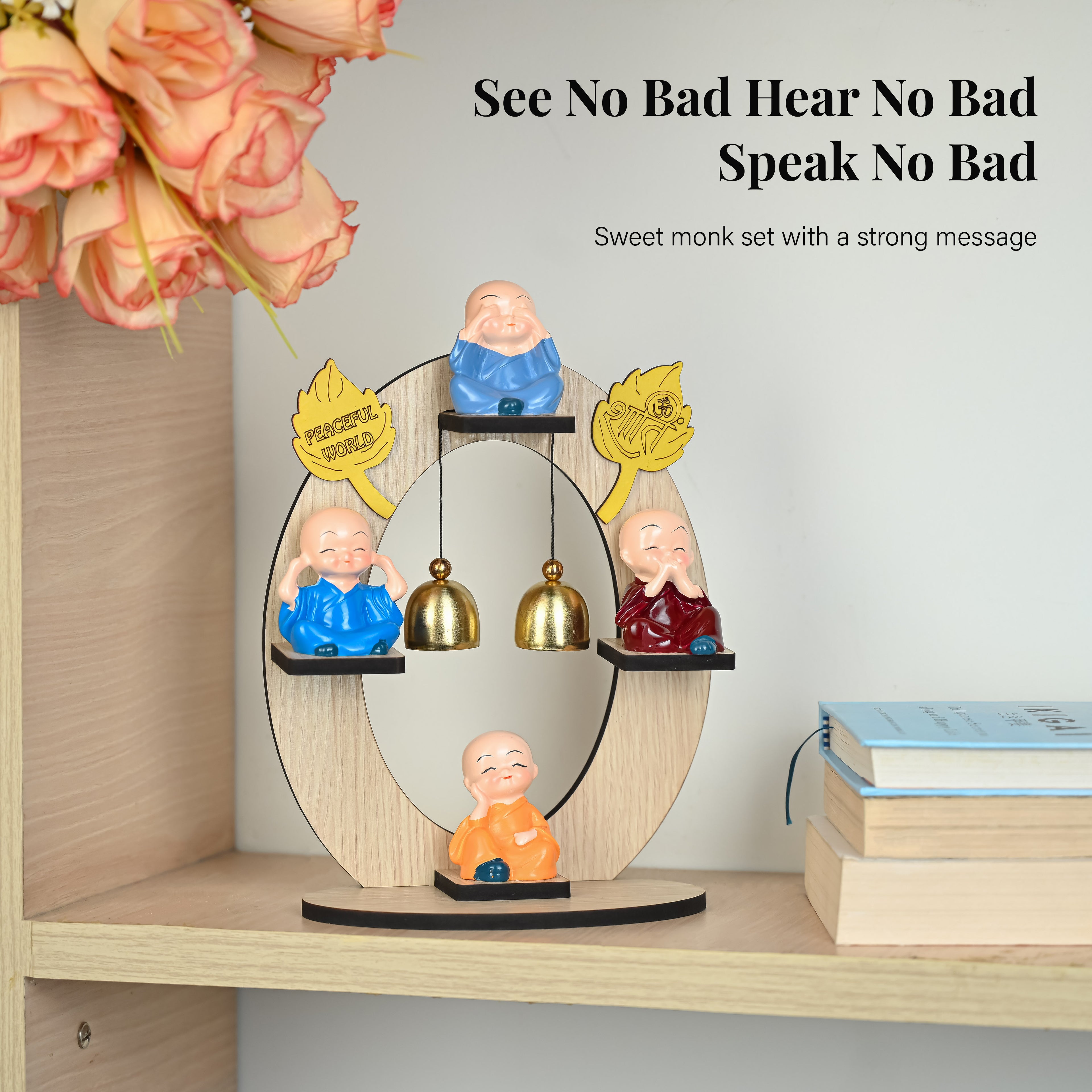 HindCraft 4 Monk Bell Tabletop Showpiece with Wooden Stand, Twin Hanging Bells for Home, Office & Spiritual Décor