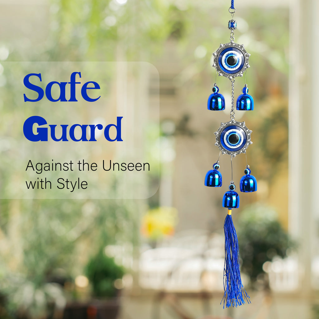 HindCraft Double Evil Eye Hanging with Blue Bells & Tassel | Turkish Nazar Wall & Door Decor