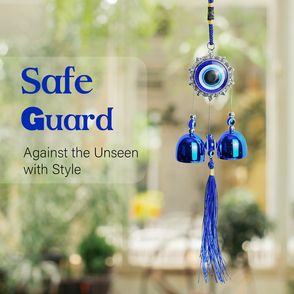 HindCraft Evil Eye Wind Chime Hanging with Blue Bells & Tassel for Home Entrance, Balcony, Door & Wall Décor