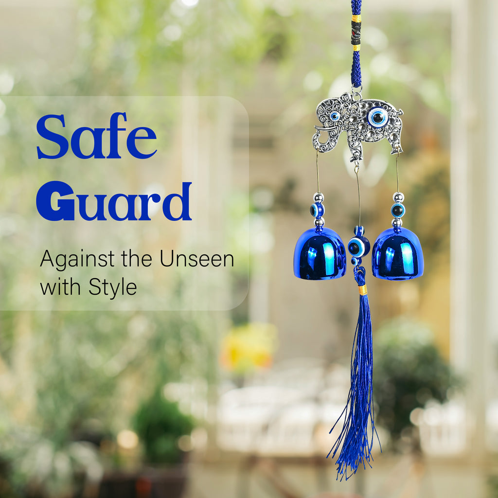 HindCraft Elephant Evil Eye Hanging with Blue Bells & Tassel | Turkish Nazar Wall & Door Decor