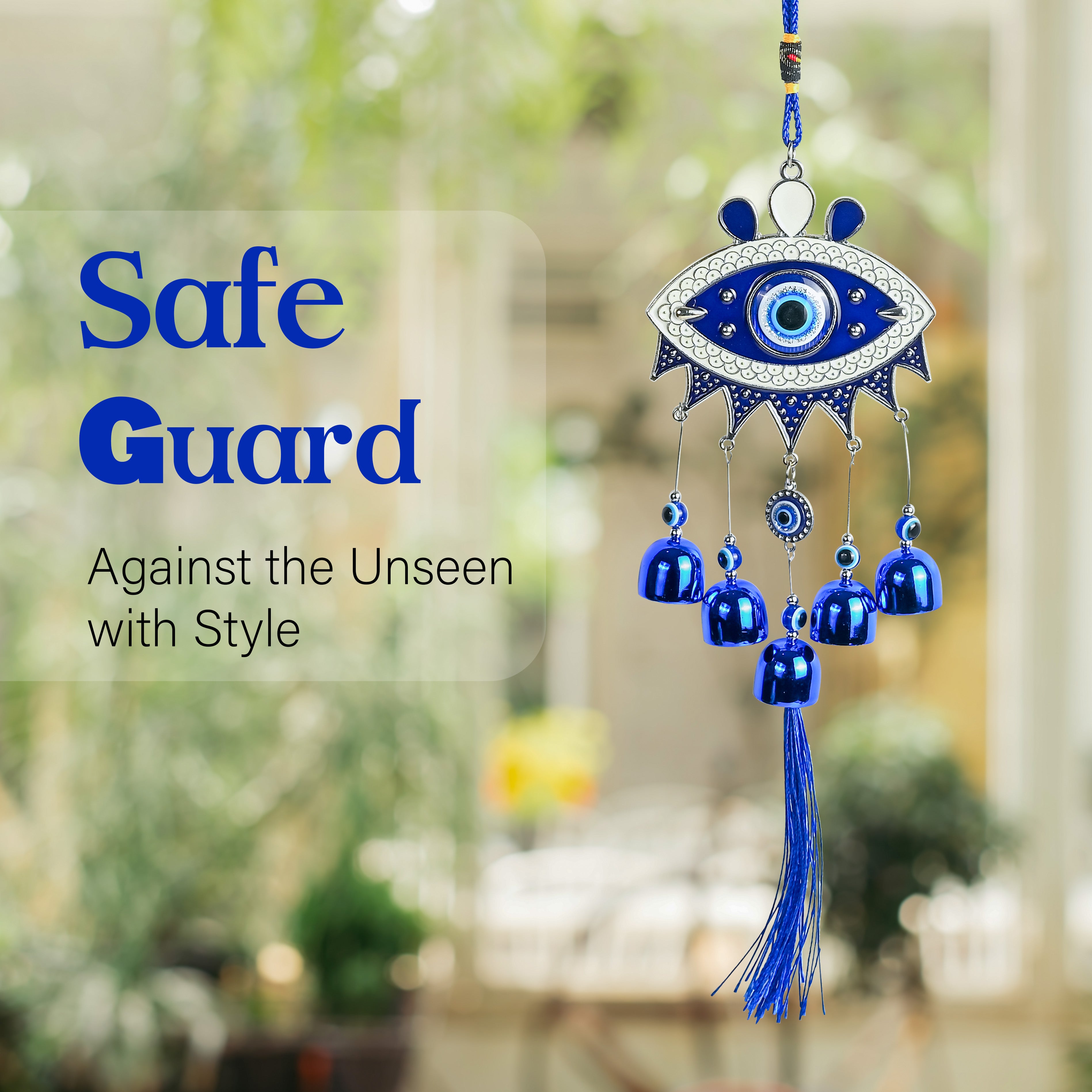 HindCraft Hamsa Evil Eye Hanging with Blue Bells & Tassel | Turkish Nazar Wall & Door Decor