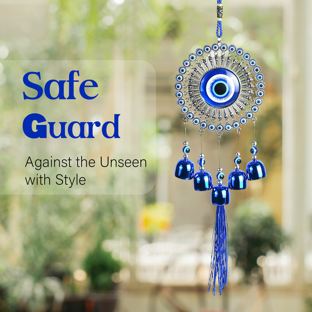 HindCraft Evil Eye Hanging Wall Decor with Blue Bells & Tassel | Turkish Nazar Protection Hanging Ornament for Home, Office, Door & Car
