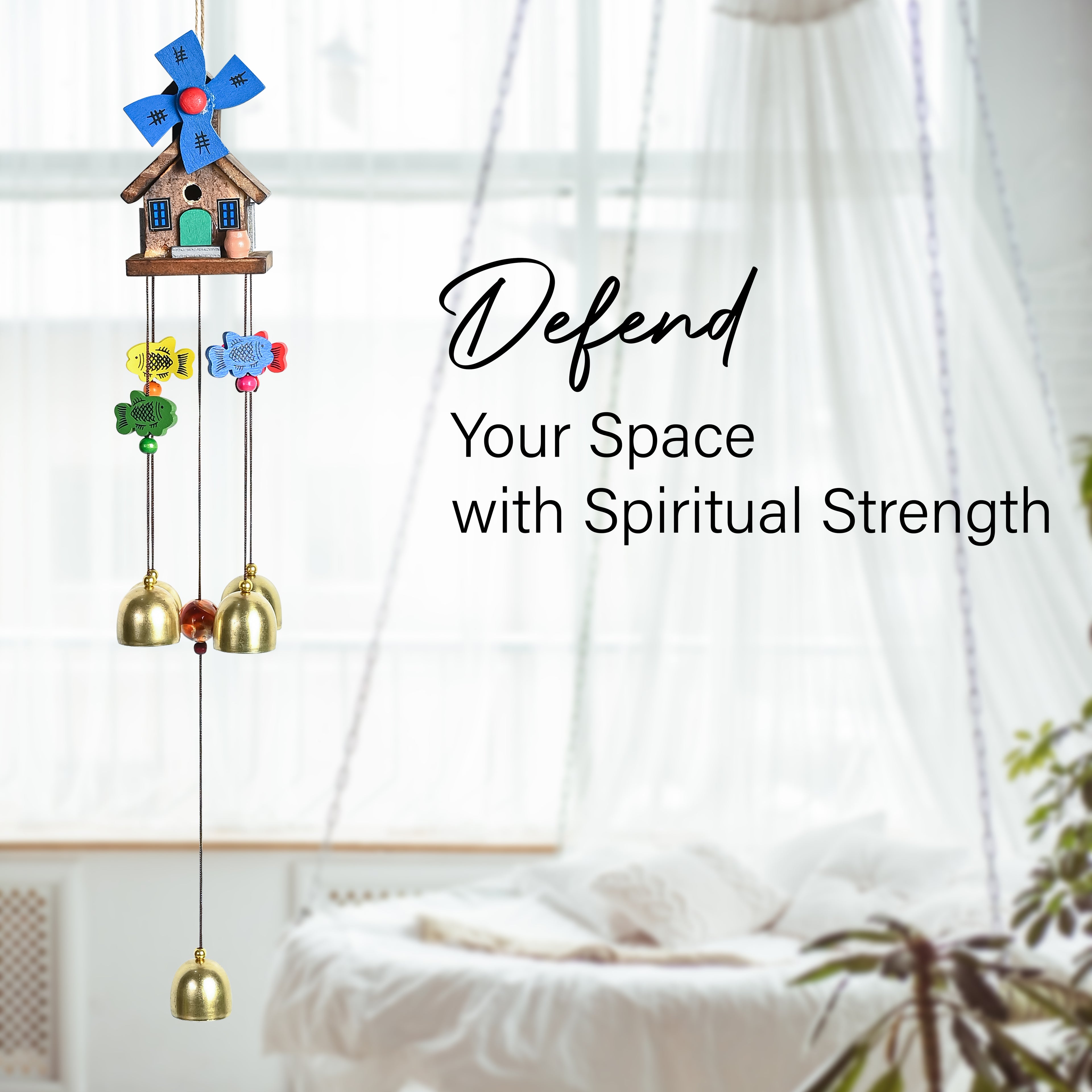 HindCraft Wooden House Wind Chime with Brass Bells for Home Decor