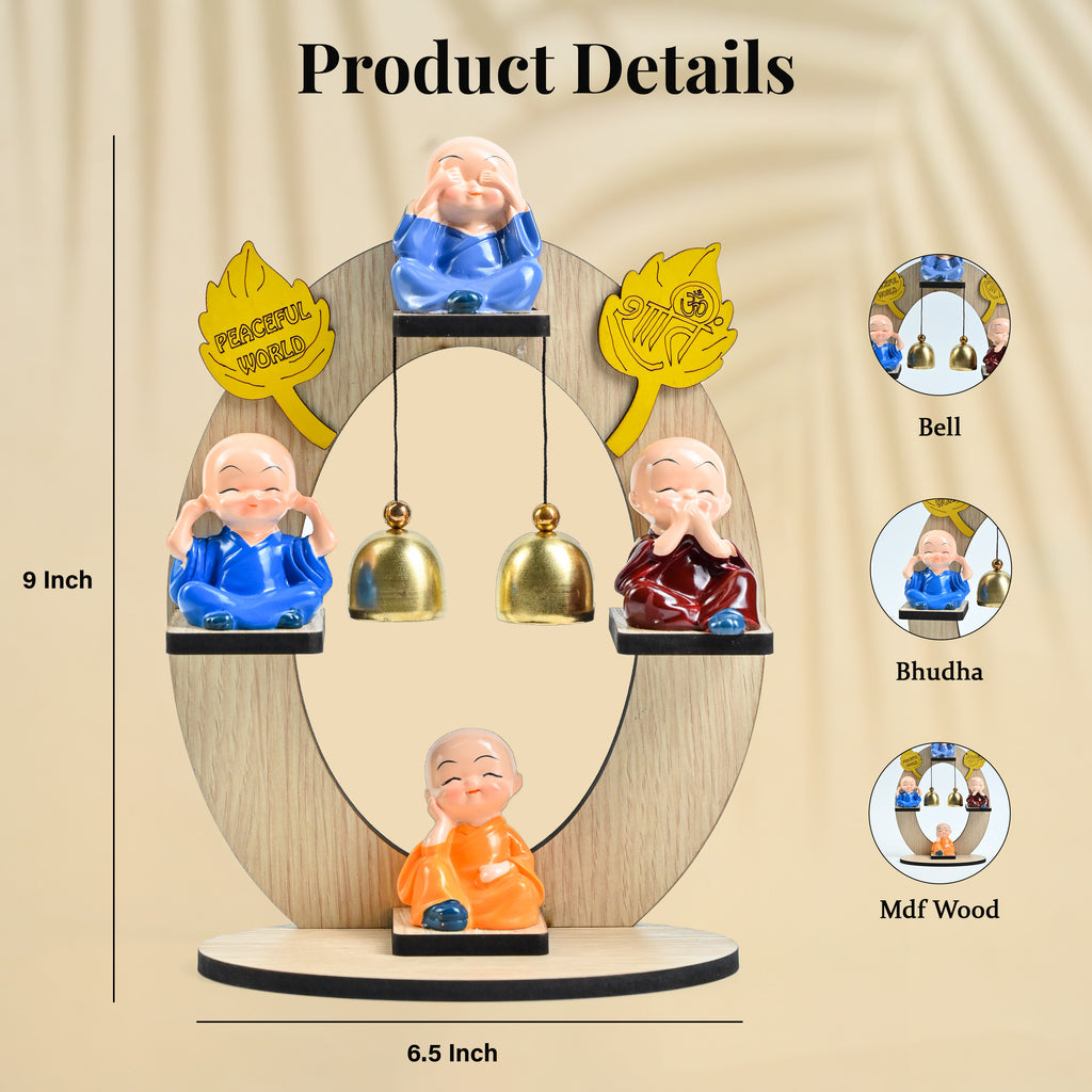 HindCraft 4 Monk Bell Tabletop Showpiece with Wooden Stand, Twin Hanging Bells for Home, Office & Spiritual Décor