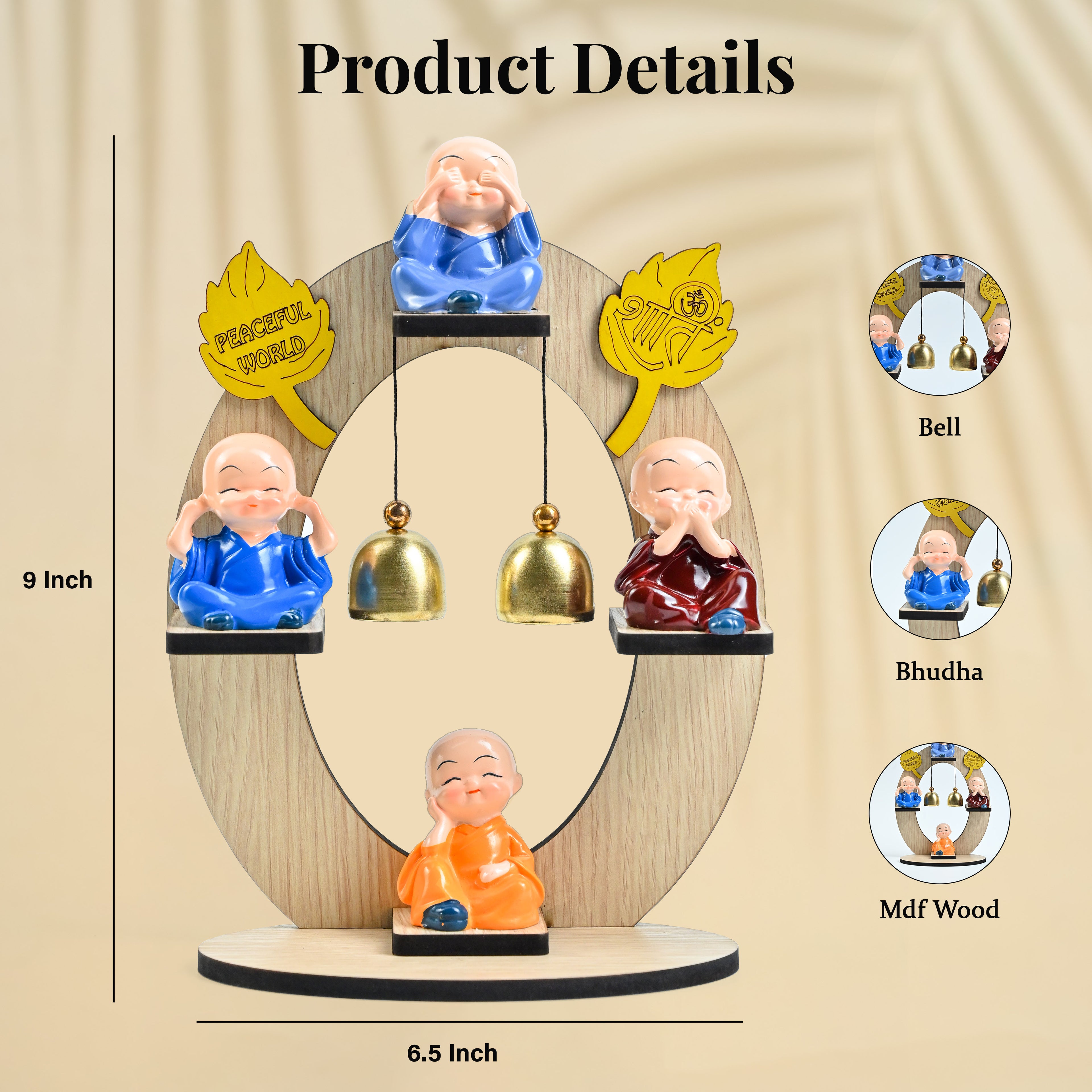 HindCraft 4 Monk Bell Tabletop Showpiece with Wooden Stand, Twin Hanging Bells for Home, Office & Spiritual Décor