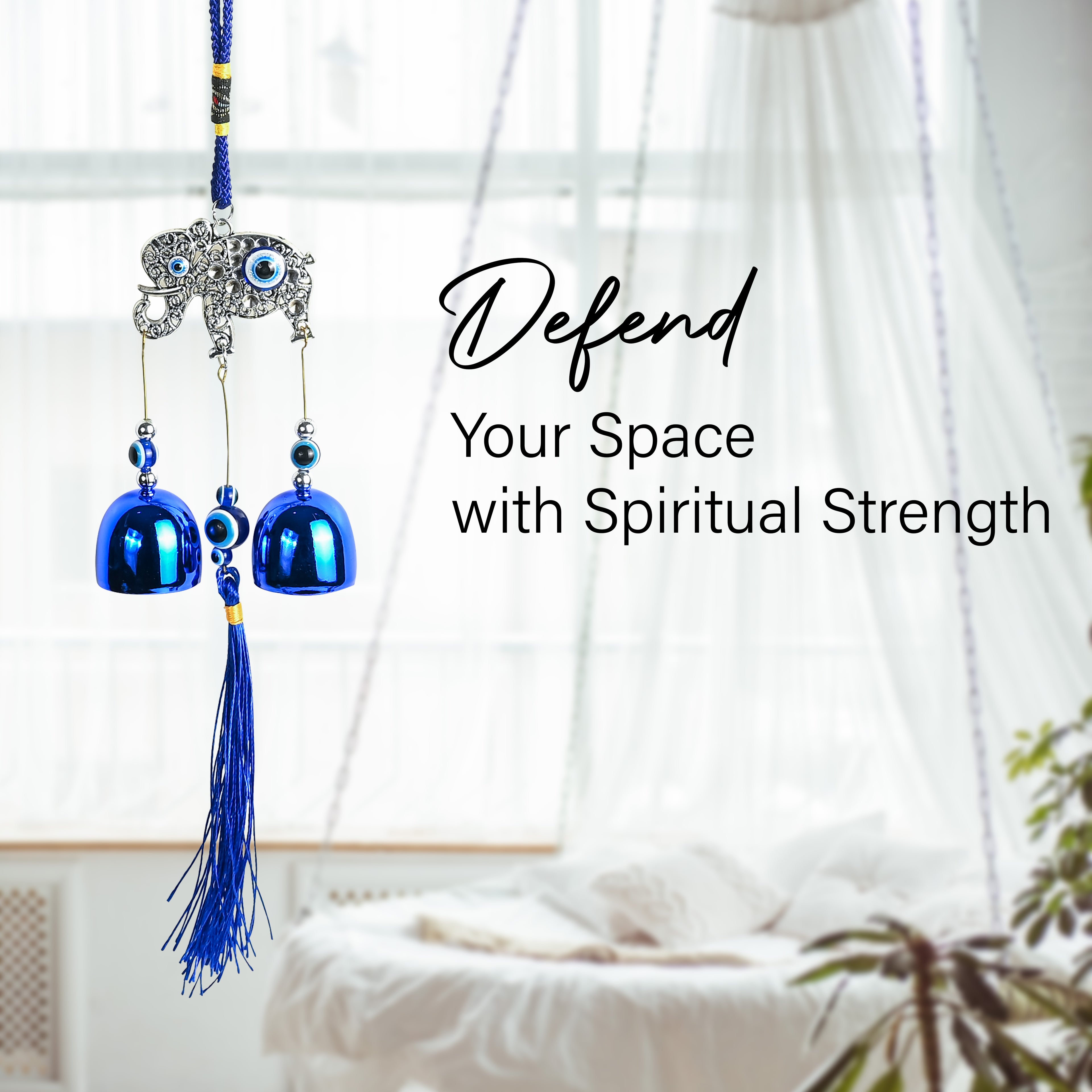 HindCraft Elephant Evil Eye Hanging with Blue Bells & Tassel | Turkish Nazar Wall & Door Decor
