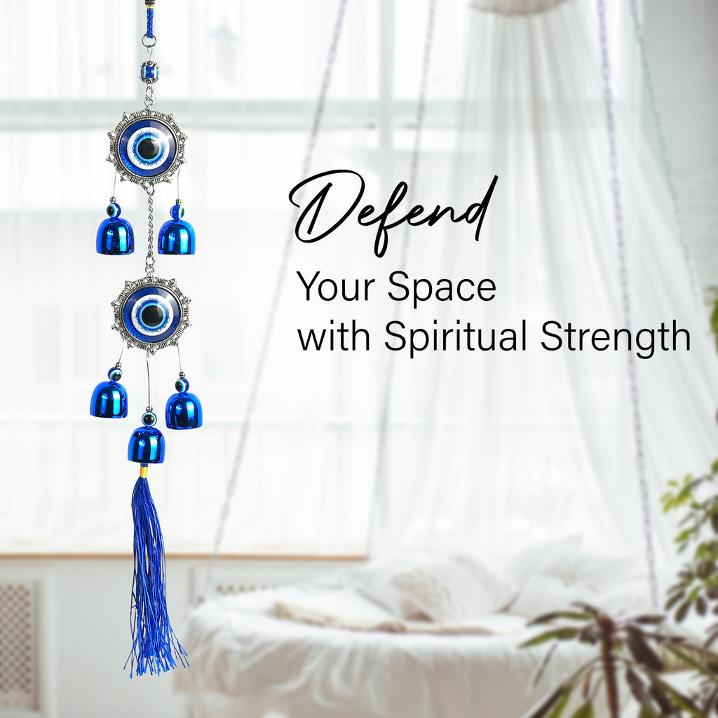 HindCraft Double Evil Eye Hanging with Blue Bells & Tassel | Turkish Nazar Wall & Door Decor