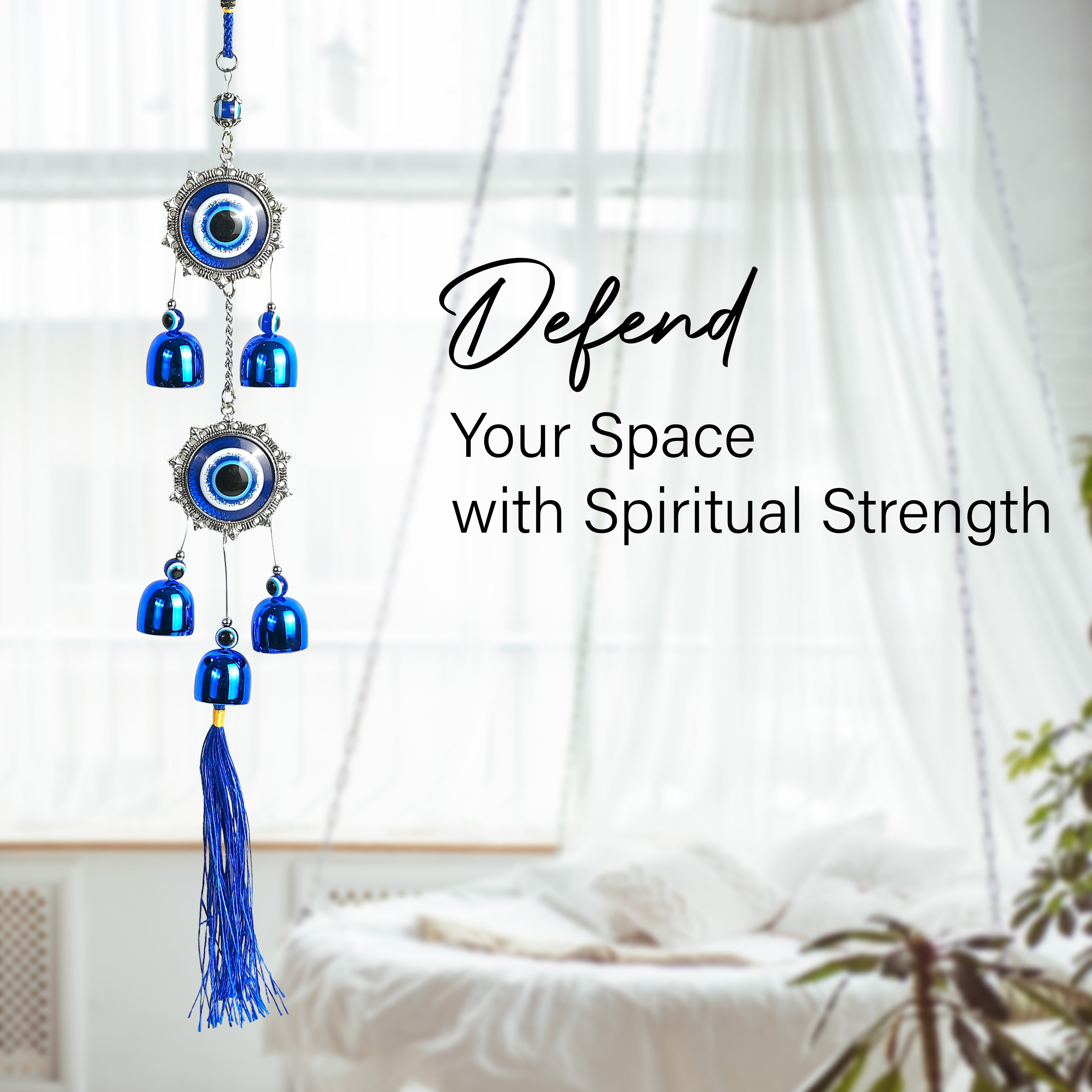 HindCraft Double Evil Eye Hanging with Blue Bells & Tassel | Turkish Nazar Wall & Door Decor