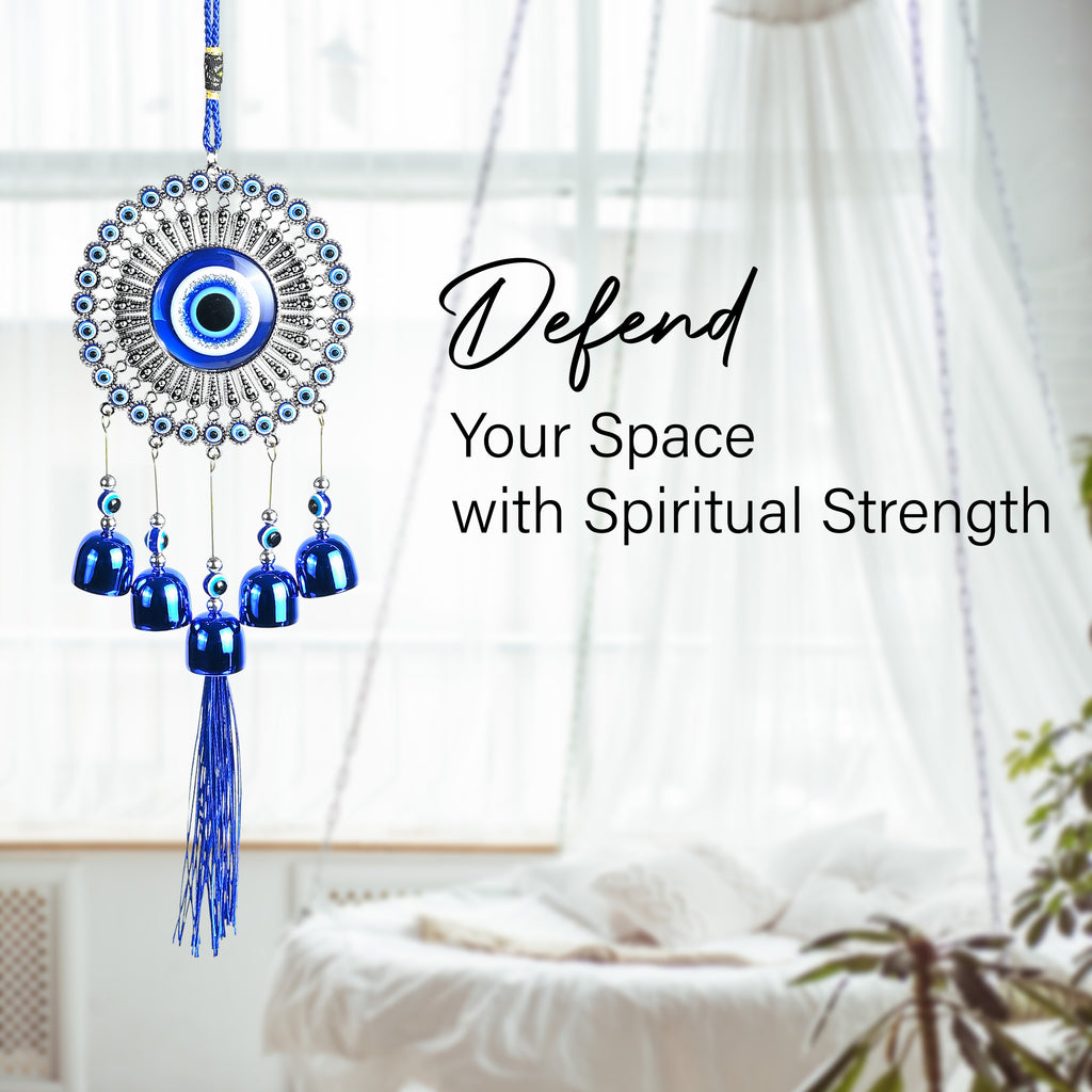 HindCraft Evil Eye Hanging Wall Decor with Blue Bells & Tassel | Turkish Nazar Protection Hanging Ornament for Home, Office, Door & Car