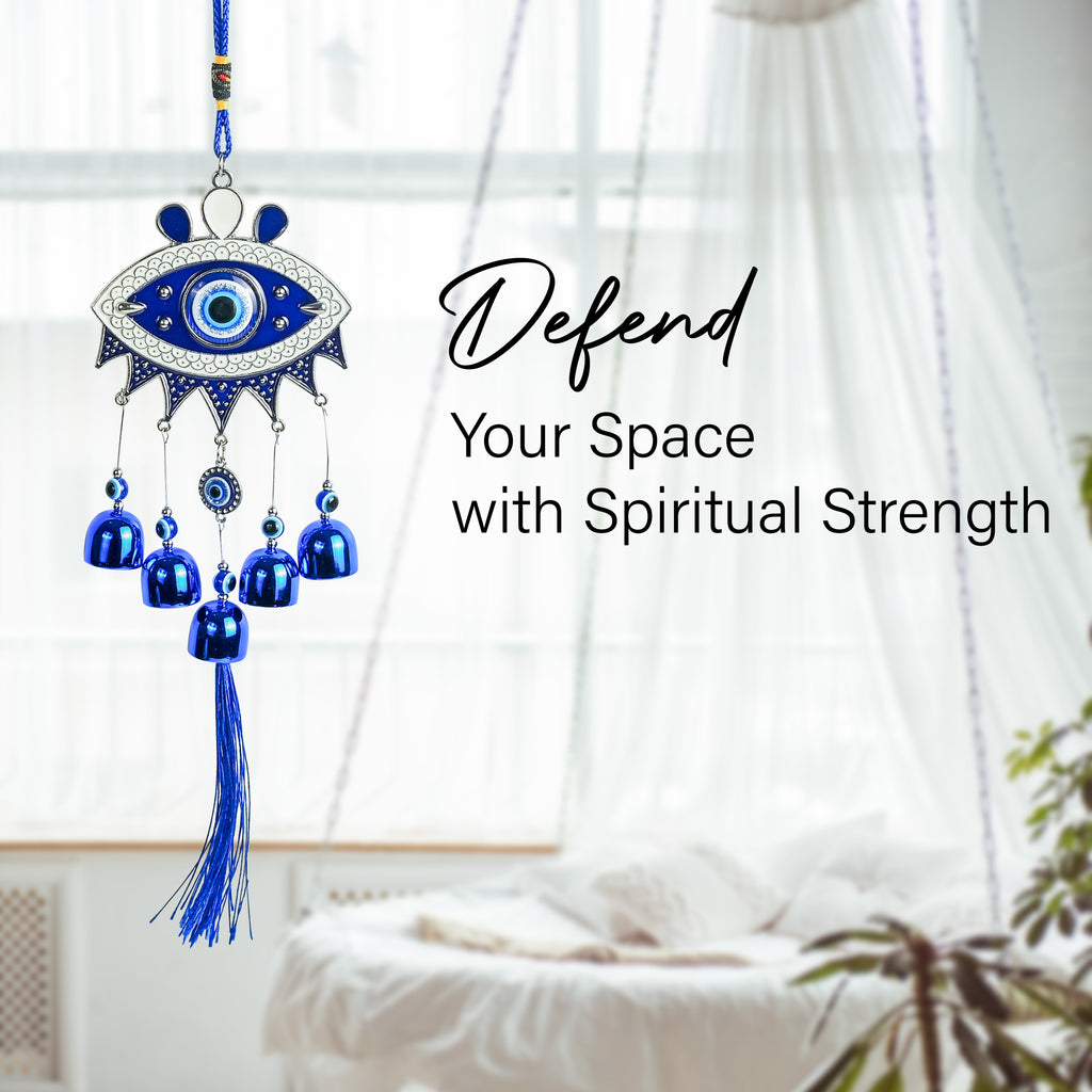 HindCraft Hamsa Evil Eye Hanging with Blue Bells & Tassel | Turkish Nazar Wall & Door Decor