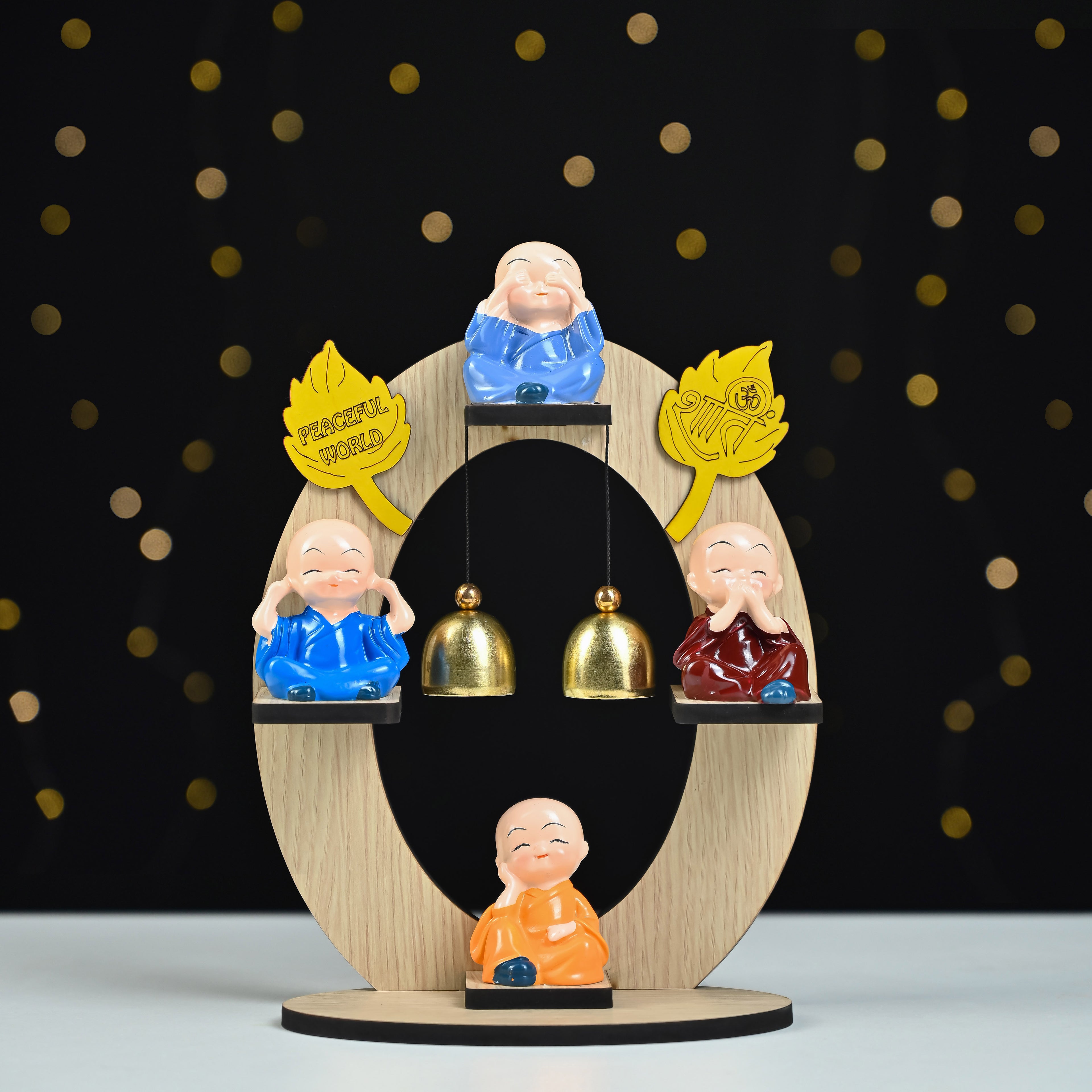 HindCraft 4 Monk Bell Tabletop Showpiece with Wooden Stand, Twin Hanging Bells for Home, Office & Spiritual Décor