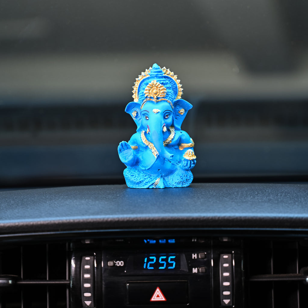 HindCraft Blue Lord Ganesha Idol with Gold Detailing for Car Dashboard, Home Temple, Office Desk & Spiritual Décor