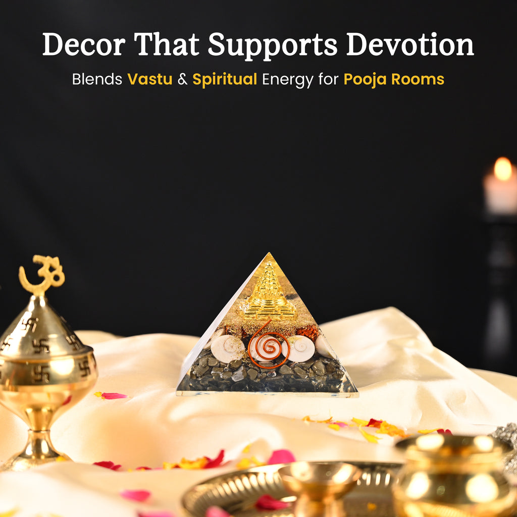 HindCraft Pyrite Money Magnet Orgonite Pyramid with Shree Yantra, Pyrite Chips, Gomti Chakra, Rudraksha and Copper Coil for Vastu Home Décor