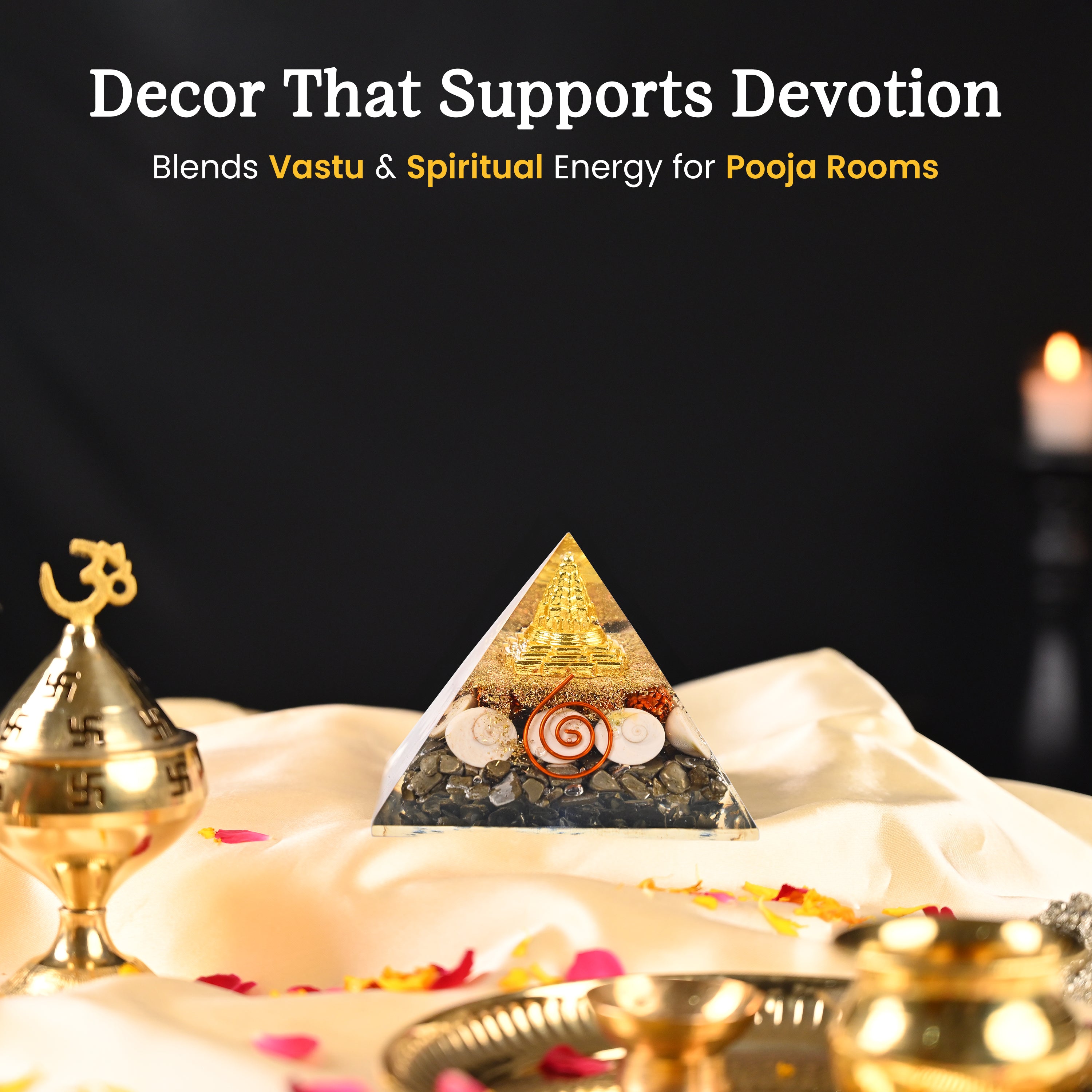 HindCraft Pyrite Money Magnet Orgonite Pyramid with Shree Yantra, Pyrite Chips, Gomti Chakra, Rudraksha and Copper Coil for Vastu Home Décor