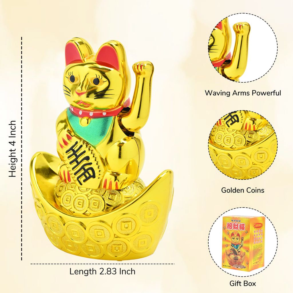 HindCraft Golden Lucky Waving Cat Showpiece, Feng Shui Money Cat Sitting on Gold Ingots, Wealth & Good Luck Decor, Lucky Cat Statue for Home, Office, Housewarming, Birthday & Valentine Gift