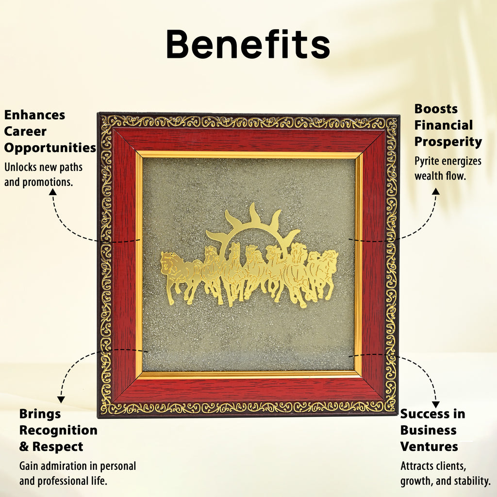 HindCraft 7 Horses Vastu Frame on Raw Pyrite Stone for Wall & Table Décor 7×7 Inch