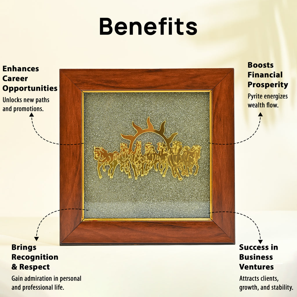 HindCraft Seven Horses Vastu Frame on Raw Pyrite Stone for Wall & Table Decor 7×7 Inch