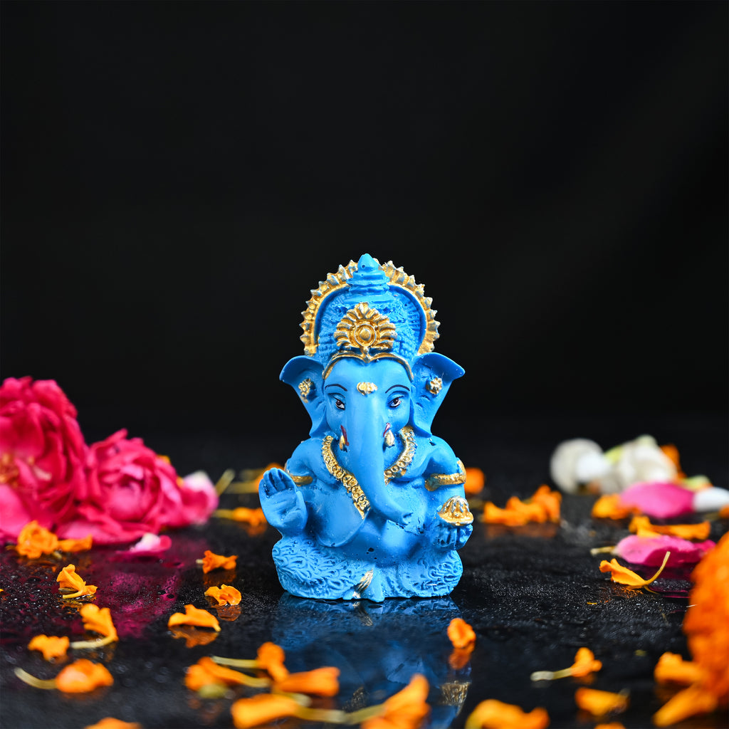 HindCraft Blue Lord Ganesha Idol with Gold Detailing for Car Dashboard, Home Temple, Office Desk & Spiritual Décor