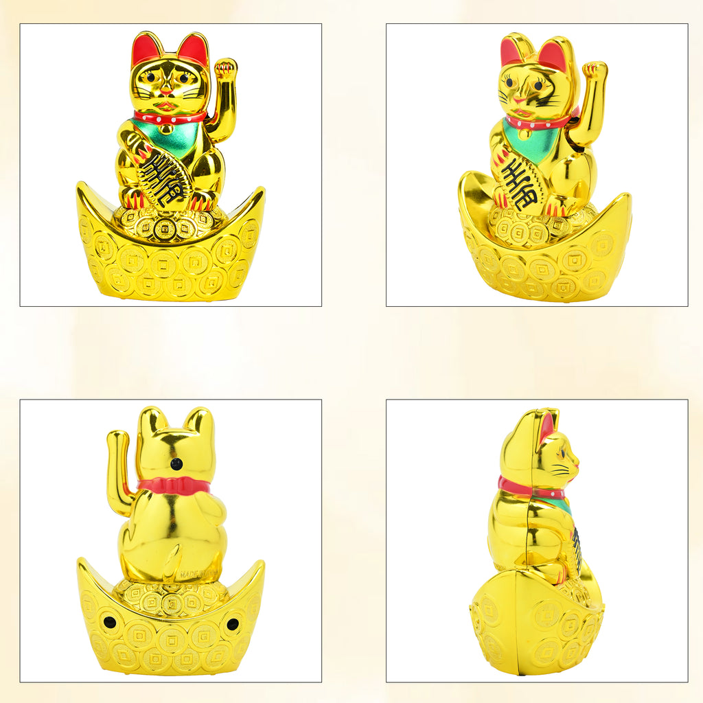 HindCraft Golden Lucky Waving Cat Showpiece, Feng Shui Money Cat Sitting on Gold Ingots, Wealth & Good Luck Decor, Lucky Cat Statue for Home, Office, Housewarming, Birthday & Valentine Gift