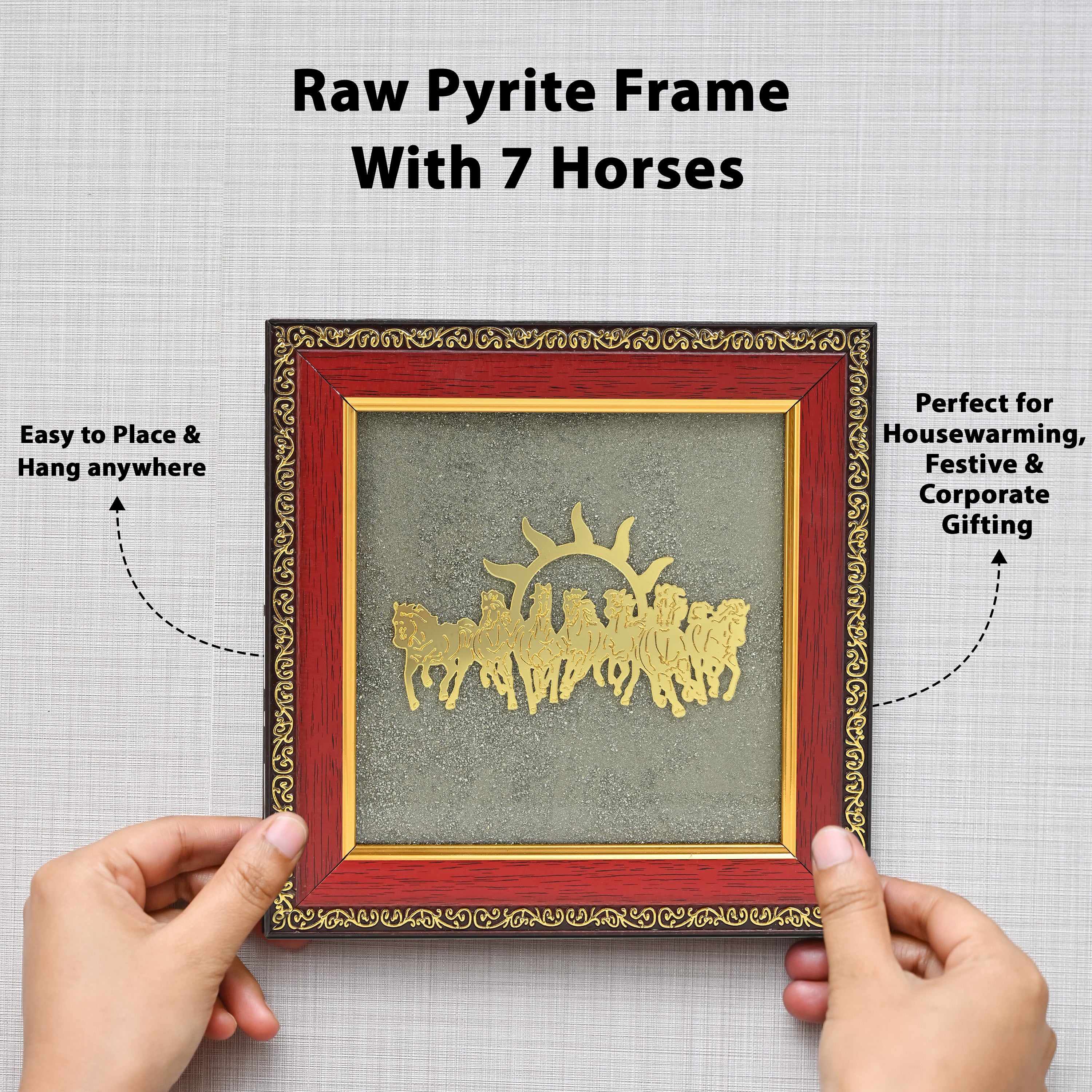 HindCraft 7 Horses Vastu Frame on Raw Pyrite Stone for Wall & Table Décor 7×7 Inch