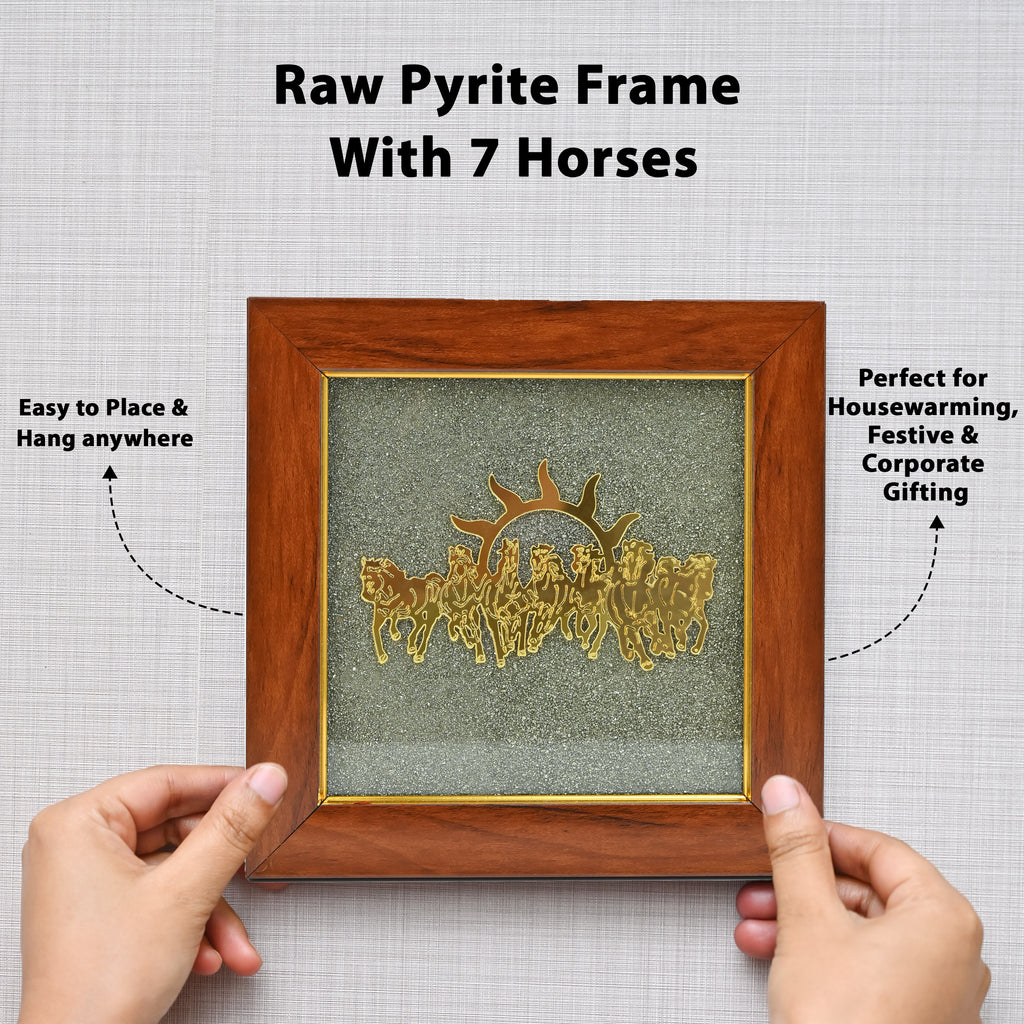 HindCraft Seven Horses Vastu Frame on Raw Pyrite Stone for Wall & Table Decor 7×7 Inch