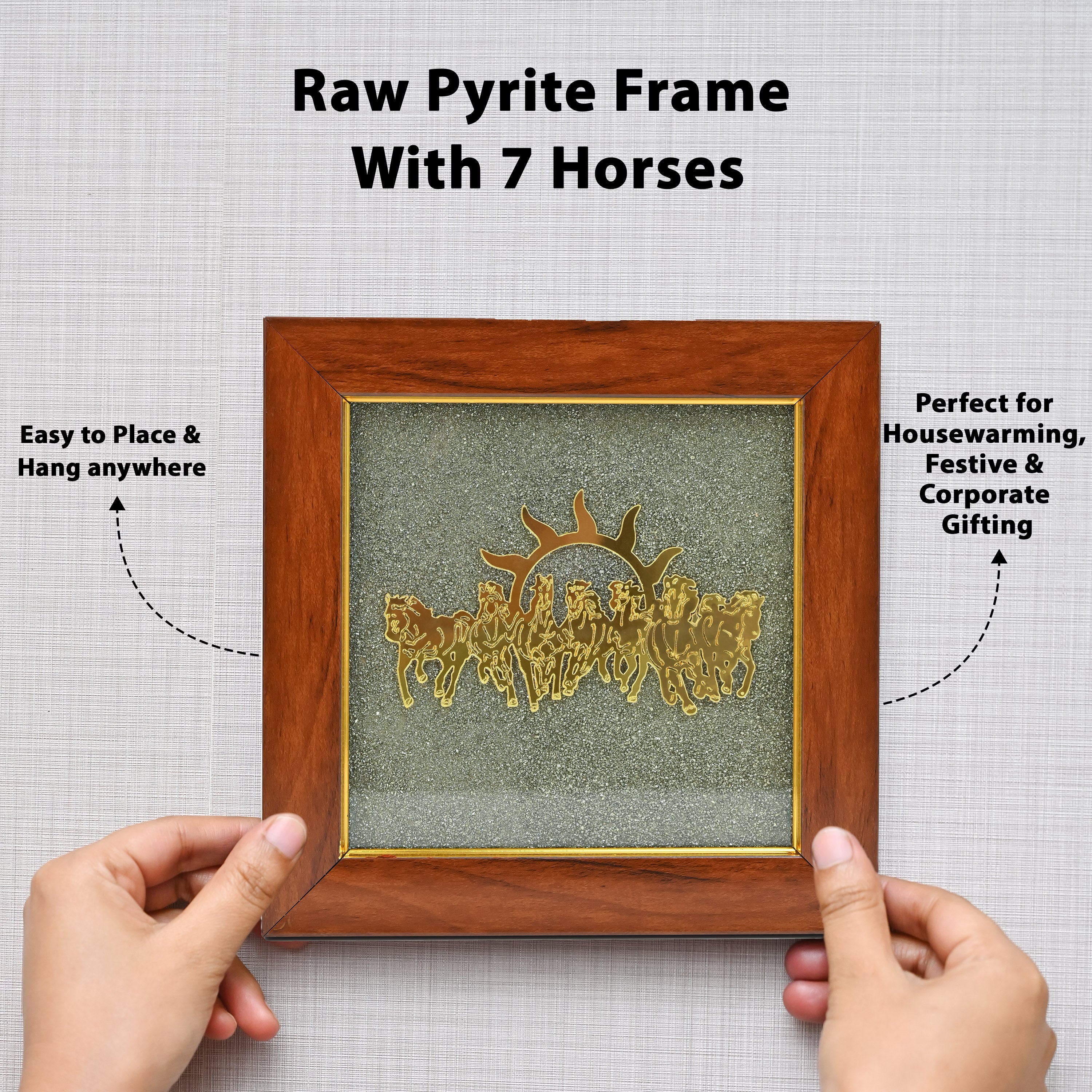 HindCraft Seven Horses Vastu Frame on Raw Pyrite Stone for Wall & Table Decor 7×7 Inch