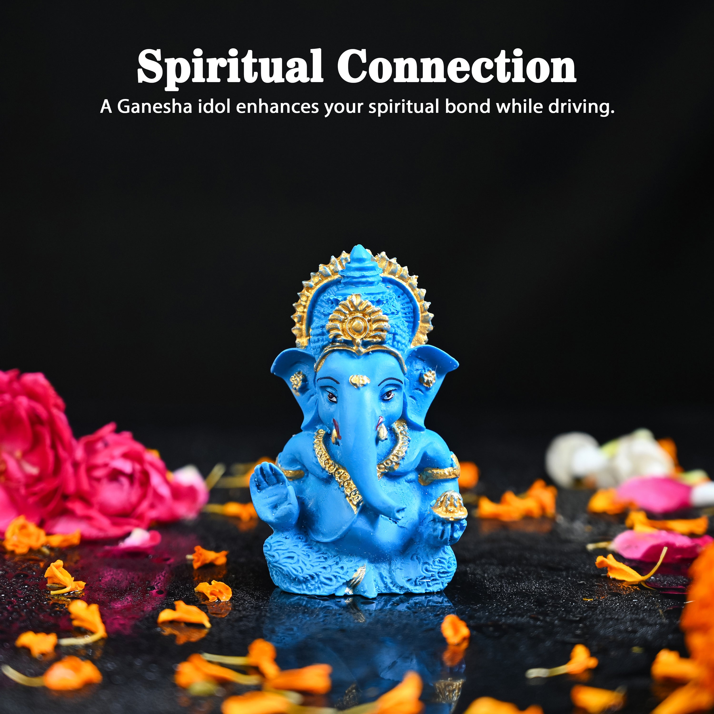 HindCraft Blue Lord Ganesha Idol with Gold Detailing for Car Dashboard, Home Temple, Office Desk & Spiritual Décor