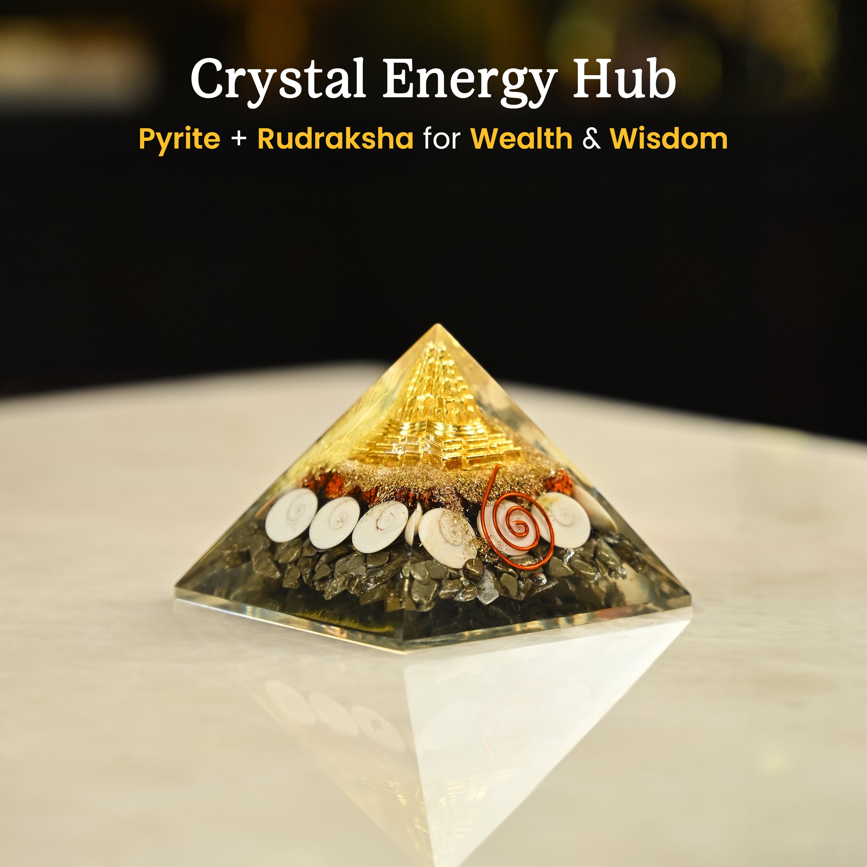 HindCraft Pyrite Money Magnet Orgonite Pyramid with Shree Yantra, Pyrite Chips, Gomti Chakra, Rudraksha and Copper Coil for Vastu Home Décor