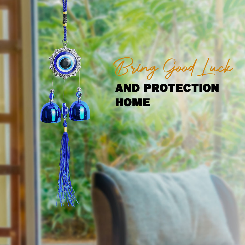 HindCraft Evil Eye Wind Chime Hanging with Blue Bells & Tassel for Home Entrance, Balcony, Door & Wall Décor