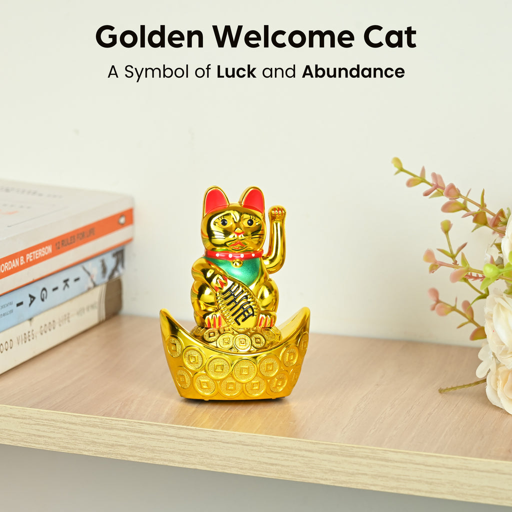 HindCraft Golden Lucky Waving Cat Showpiece, Feng Shui Money Cat Sitting on Gold Ingots, Wealth & Good Luck Decor, Lucky Cat Statue for Home, Office, Housewarming, Birthday & Valentine Gift