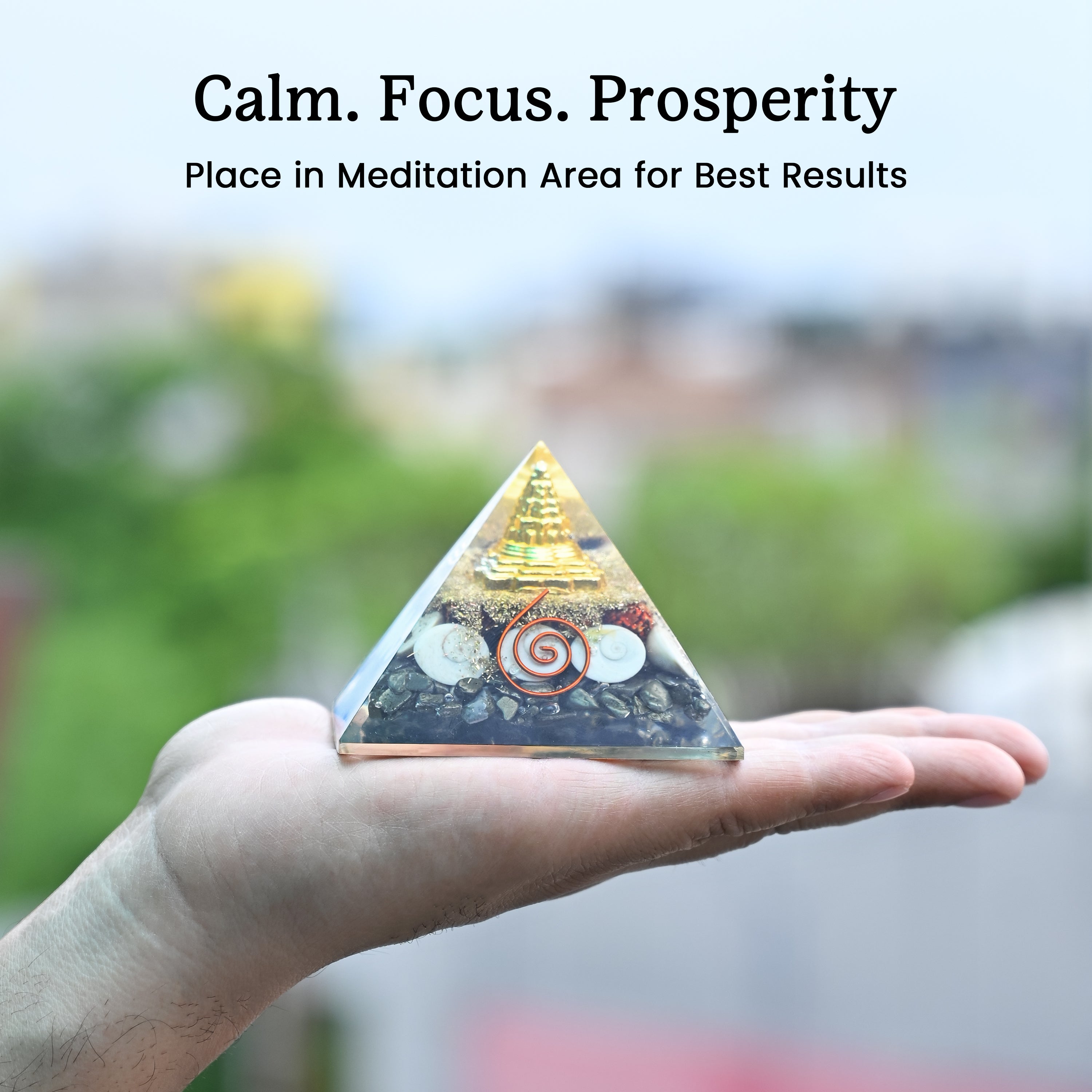 HindCraft Pyrite Money Magnet Orgonite Pyramid with Shree Yantra, Pyrite Chips, Gomti Chakra, Rudraksha and Copper Coil for Vastu Home Décor