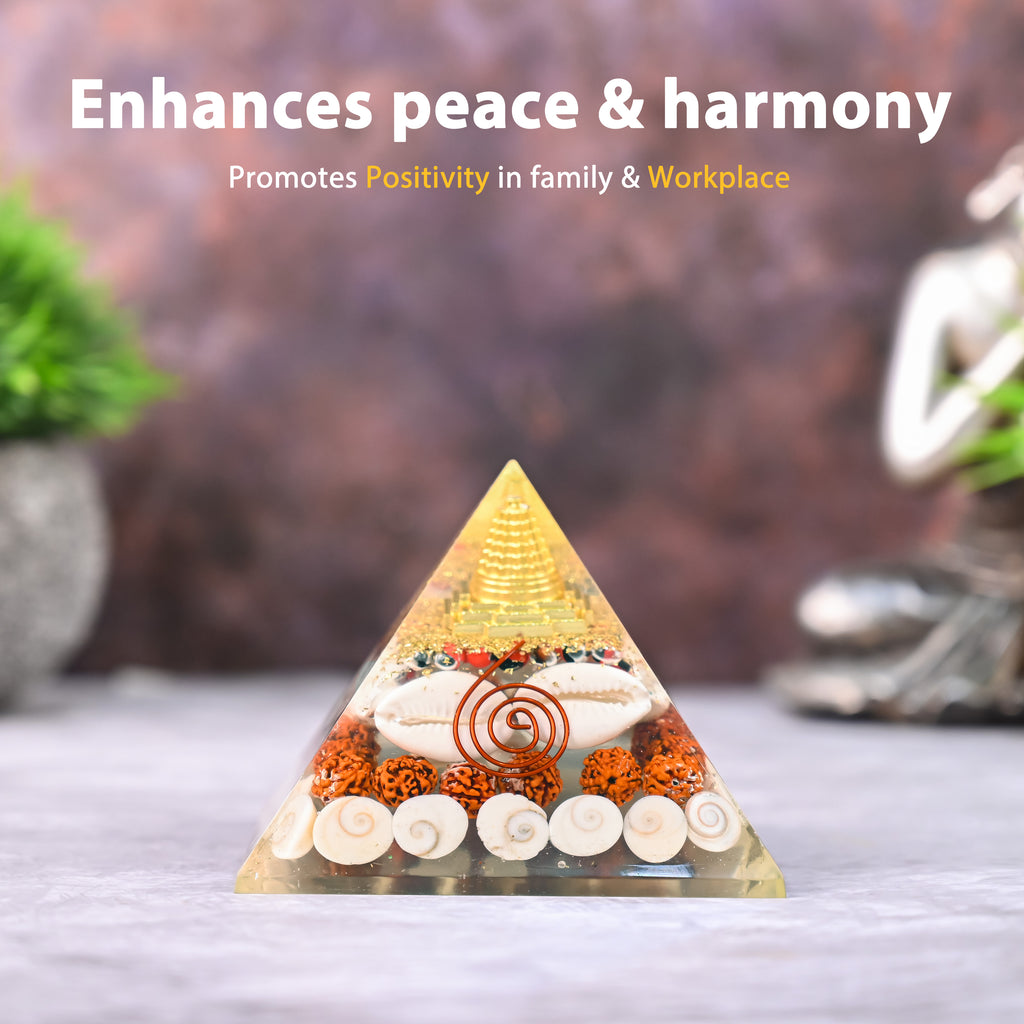 HindCraft 90mm Laxmi Shree Yantra Orgonite Pyramid with Rudraksha, Gomti Chakra, Cowrie Shells & Copper Coil | Spiritual Pyramid for Home, Office, Meditation & Vastu Decor