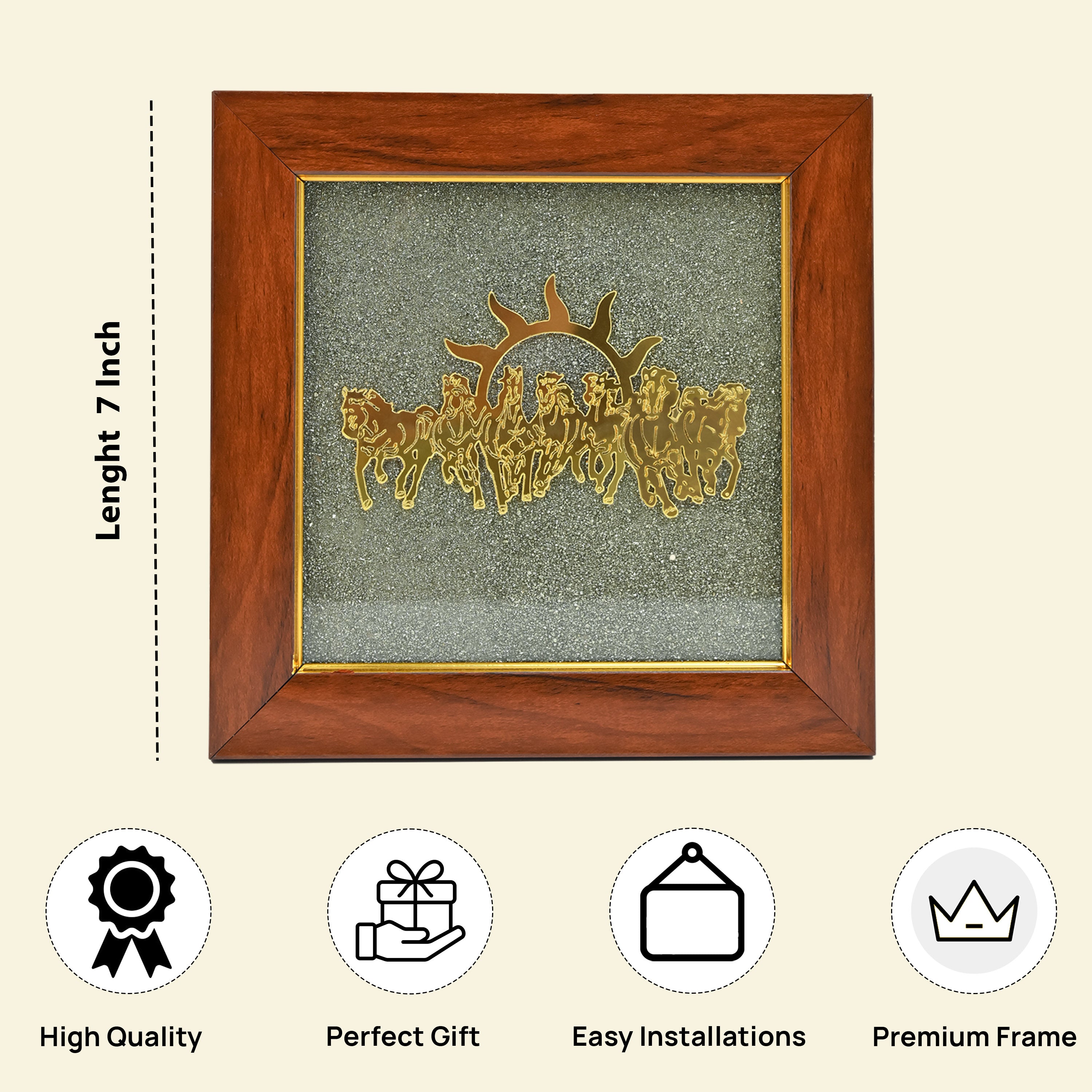 HindCraft Seven Horses Vastu Frame on Raw Pyrite Stone for Wall & Table Decor 7×7 Inch