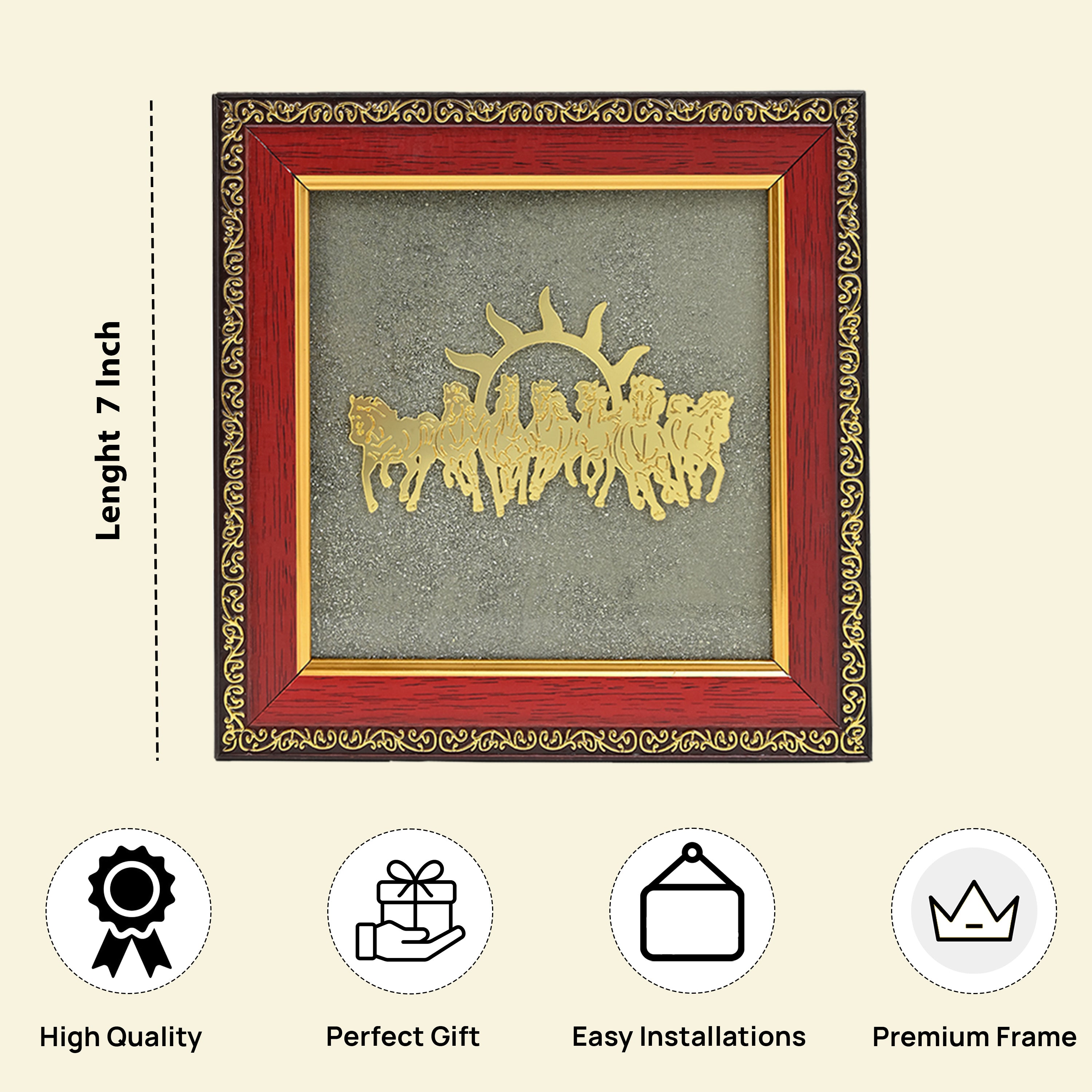 HindCraft 7 Horses Vastu Frame on Raw Pyrite Stone for Wall & Table Décor 7×7 Inch