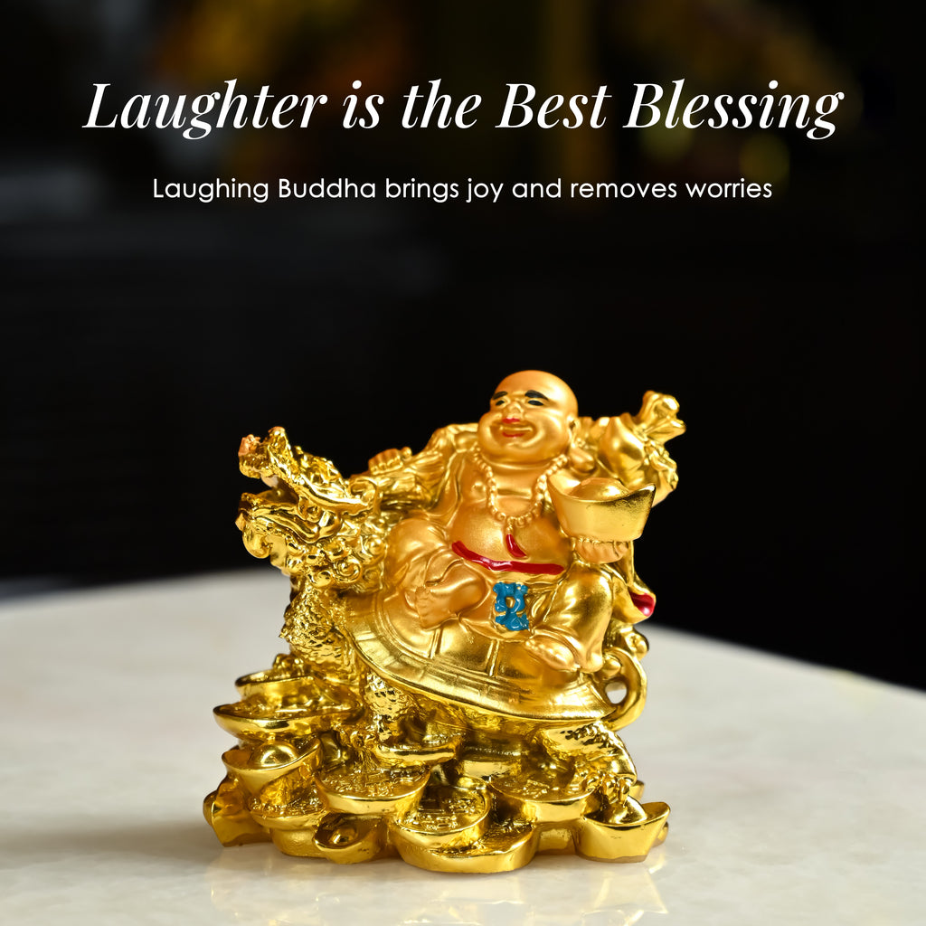 HindCraft Golden Laughing Buddha on Dragon Turtle Showpiece for Home, Office & Wealth Décor