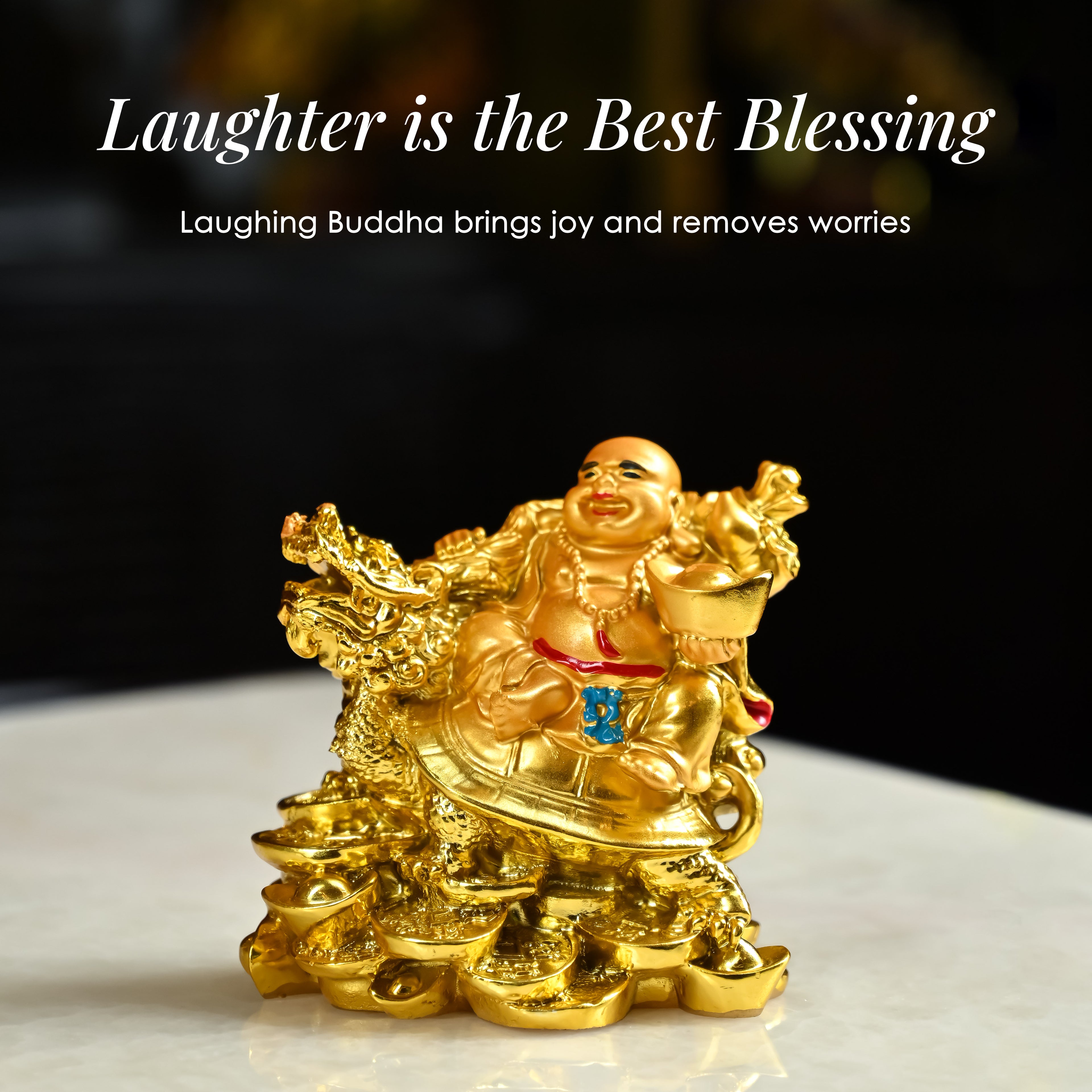 HindCraft Golden Laughing Buddha on Dragon Turtle Showpiece for Home, Office & Wealth Décor