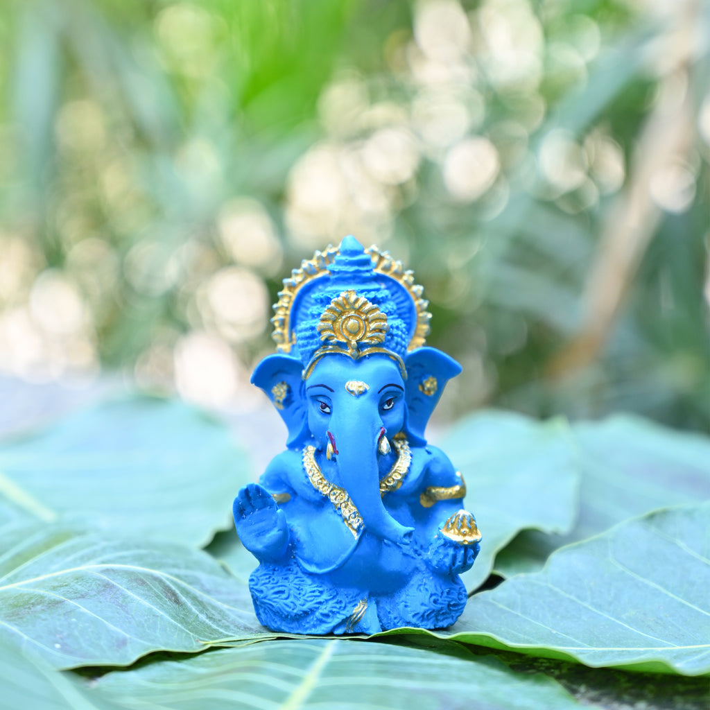 HindCraft Blue Lord Ganesha Idol with Gold Detailing for Car Dashboard, Home Temple, Office Desk & Spiritual Décor