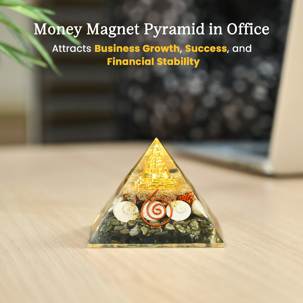 HindCraft Pyrite Money Magnet Orgonite Pyramid with Shree Yantra, Pyrite Chips, Gomti Chakra, Rudraksha and Copper Coil for Vastu Home Décor