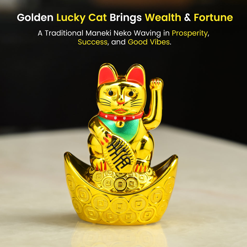 HindCraft Golden Lucky Waving Cat Showpiece, Feng Shui Money Cat Sitting on Gold Ingots, Wealth & Good Luck Decor, Lucky Cat Statue for Home, Office, Housewarming, Birthday & Valentine Gift