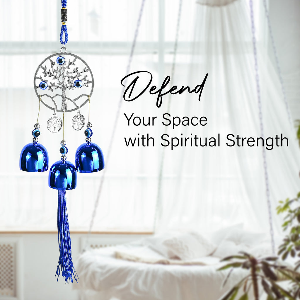HindCraft Tree of Life Evil Eye Hanging with Blue Bells & Tassel | Turkish Nazar Wall & Door Decor