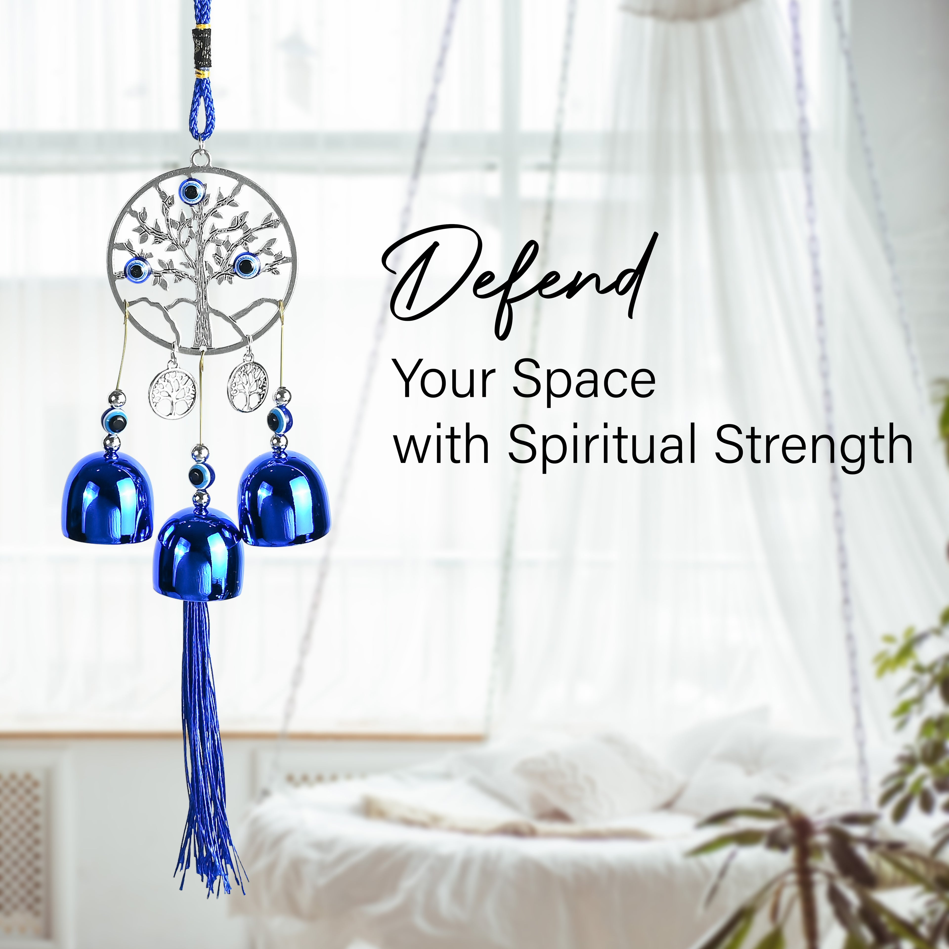 HindCraft Tree of Life Evil Eye Hanging with Blue Bells & Tassel | Turkish Nazar Wall & Door Decor