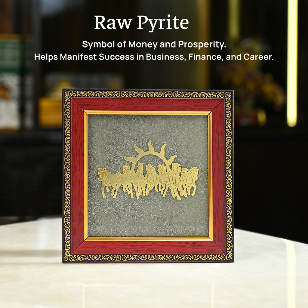 HindCraft 7 Horses Vastu Frame on Raw Pyrite Stone for Wall & Table Décor 7×7 Inch