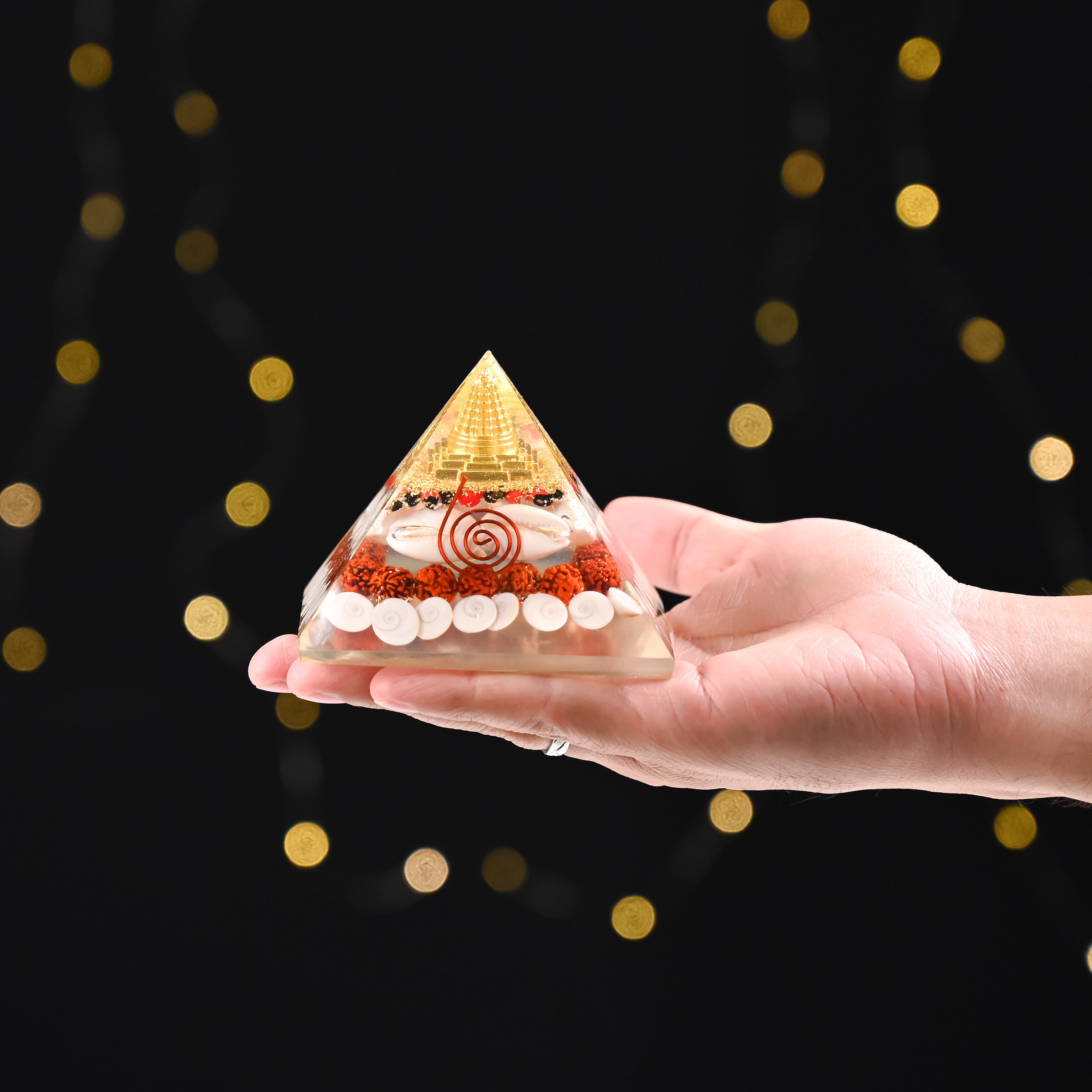HindCraft 90mm Laxmi Shree Yantra Orgonite Pyramid with Rudraksha, Gomti Chakra, Cowrie Shells & Copper Coil | Spiritual Pyramid for Home, Office, Meditation & Vastu Decor
