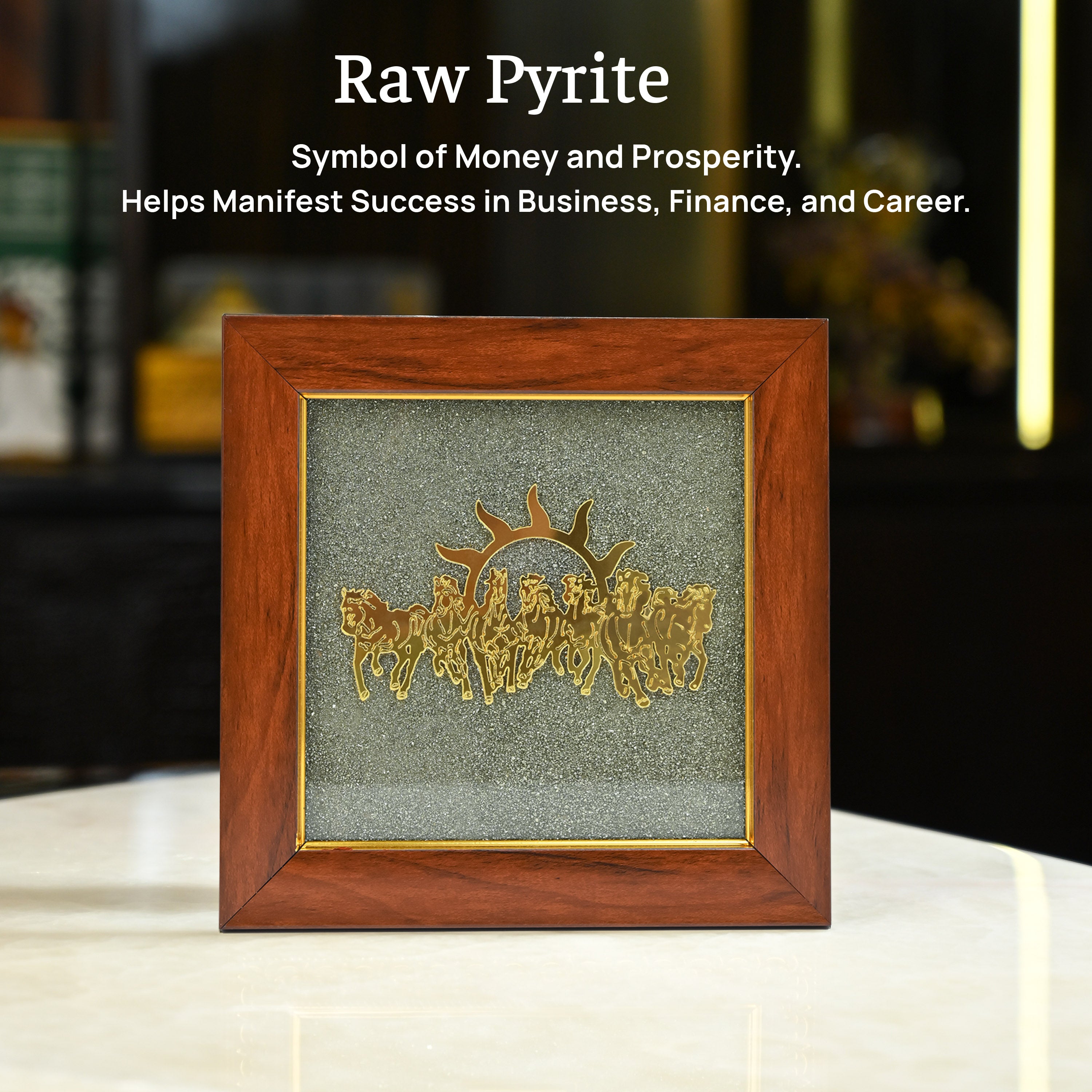 HindCraft Seven Horses Vastu Frame on Raw Pyrite Stone for Wall & Table Decor 7×7 Inch