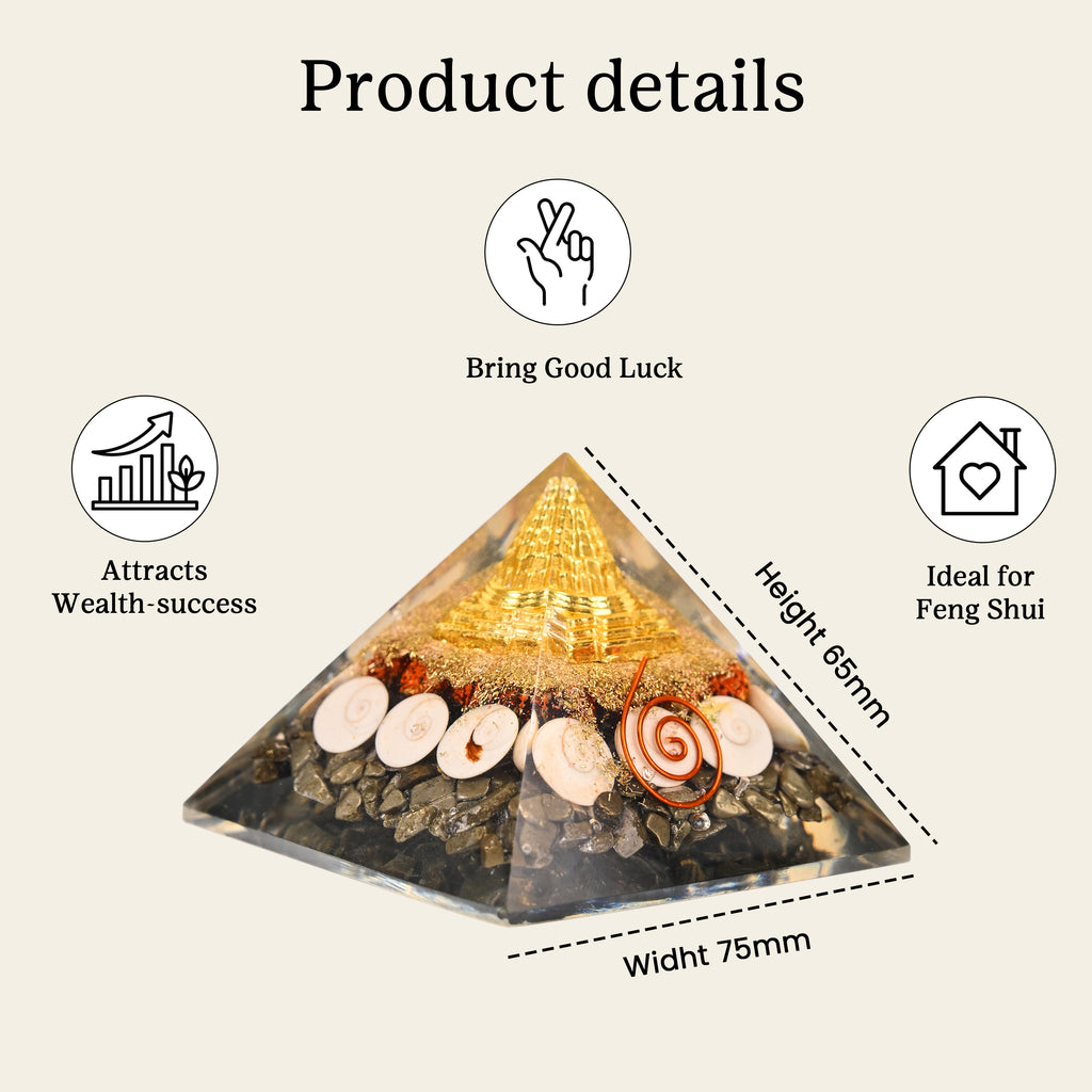 HindCraft Pyrite Money Magnet Orgonite Pyramid with Shree Yantra, Pyrite Chips, Gomti Chakra, Rudraksha and Copper Coil for Vastu Home Décor